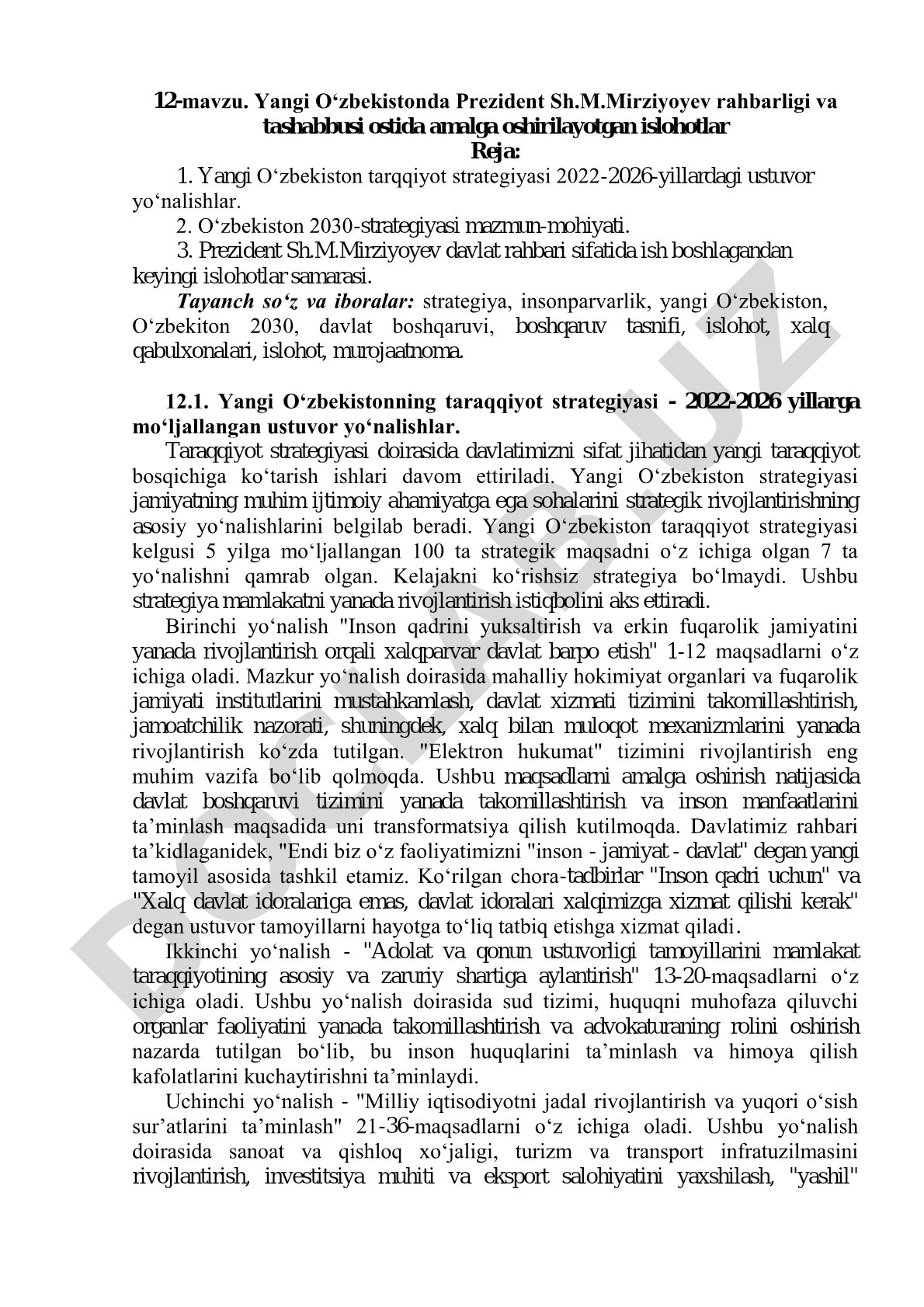 Yangi O‘zbekistonda Prezident Sh.M.Mirziyoyev rahbarligi va tashabbusi ostida amalga oshirilayotgan islohotlar