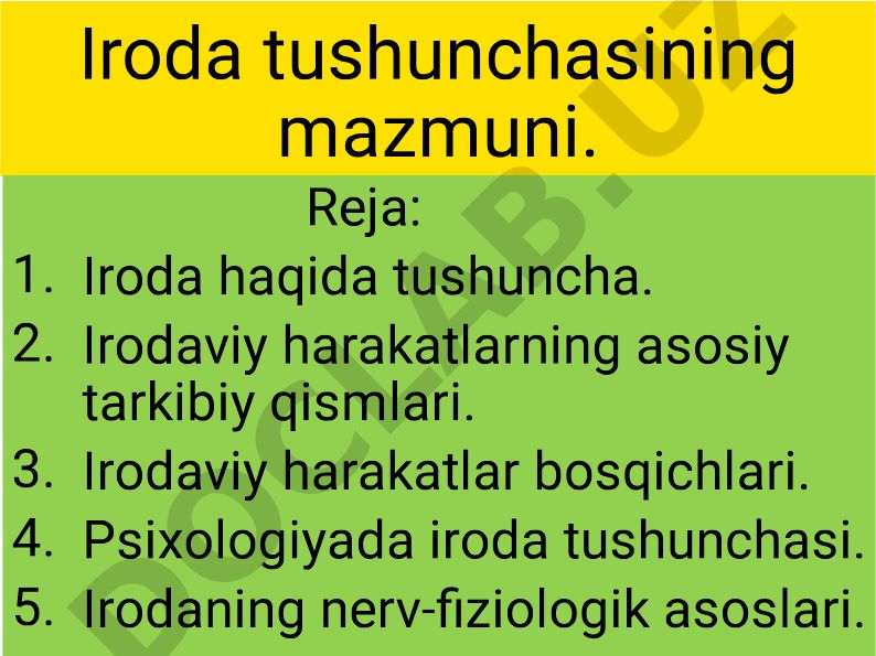 Iroda tushunchasining mazmuni va psixologiyadagi o'rni