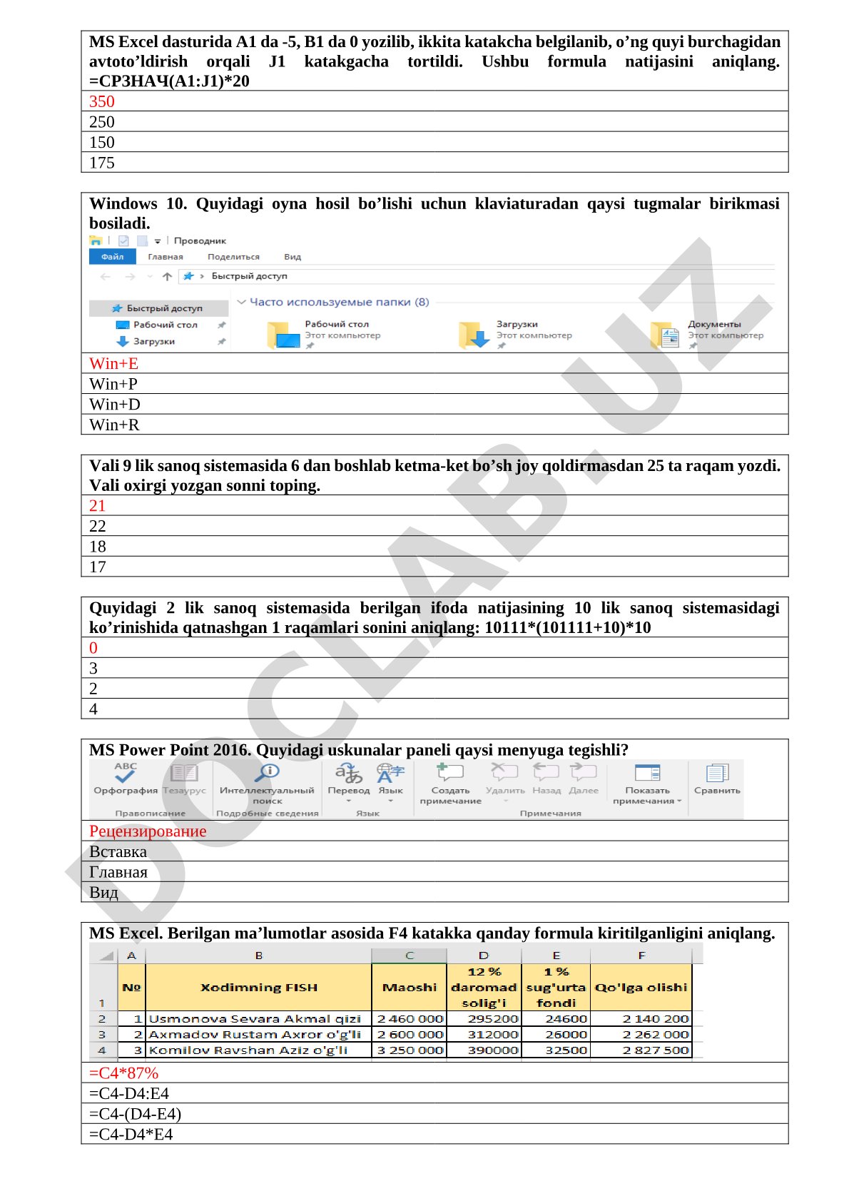 Informatika testlari: Excel, Windows, PowerPoint va sanoq sistemalari