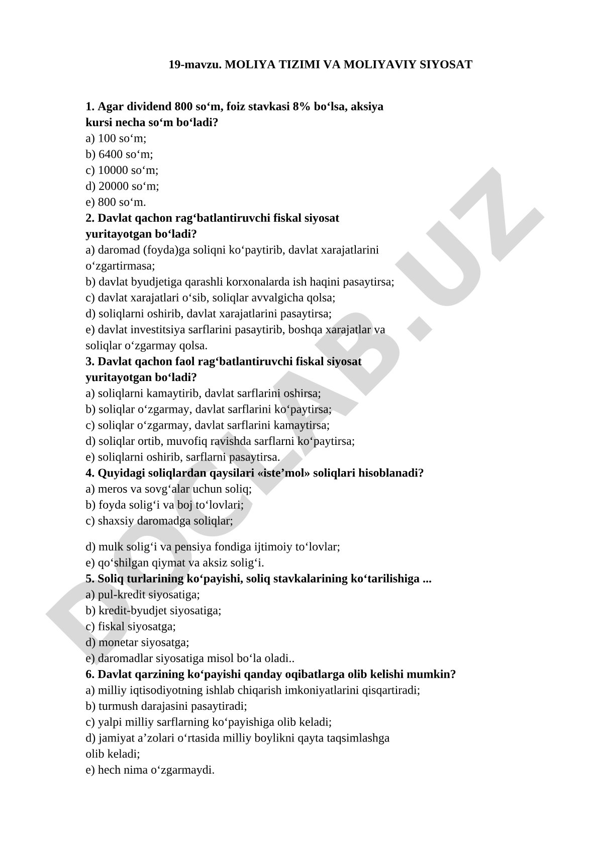 MOLIYA TIZIMI VA MOLIYAVIY SIYOSAT