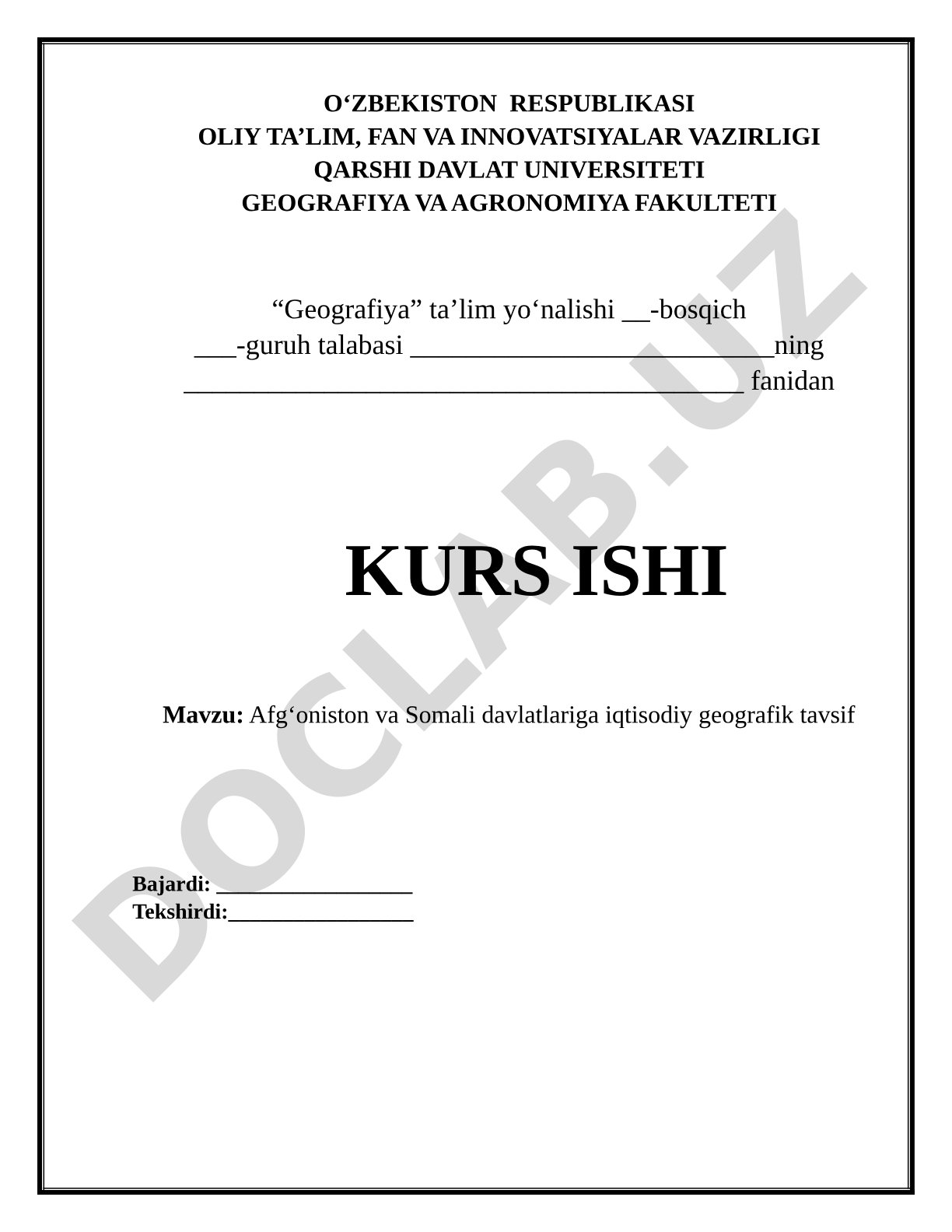 Afgʻoniston va Somali davlatlariga iqtisodiy geografik tavsif