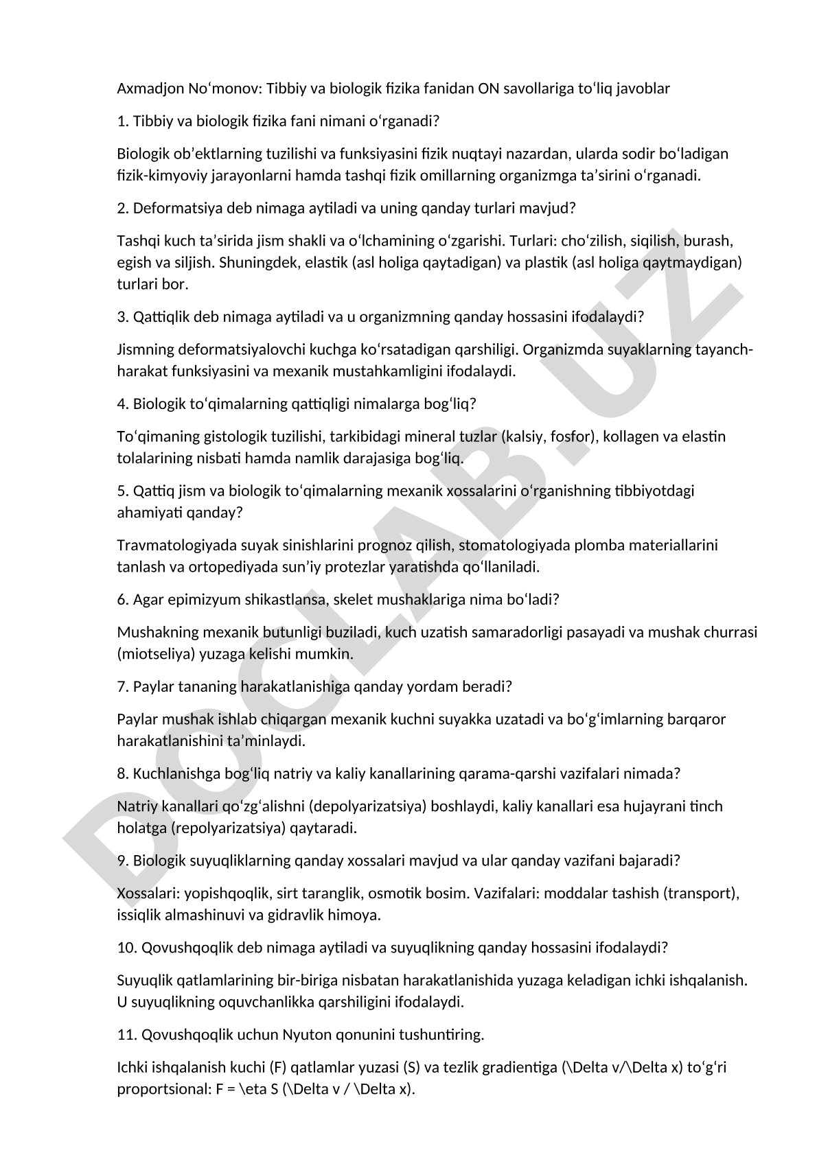 Tibbiy va biologik fizika fanidan ON savollariga to‘liq javoblar