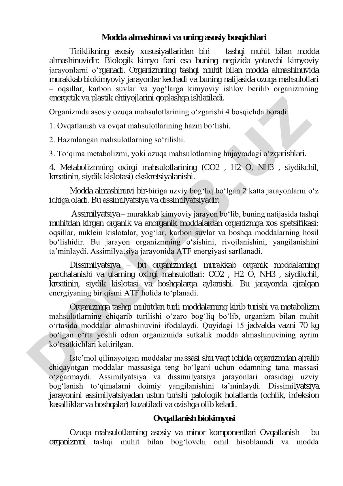 Modda almashinuvi va uning asosiy bosqichlari