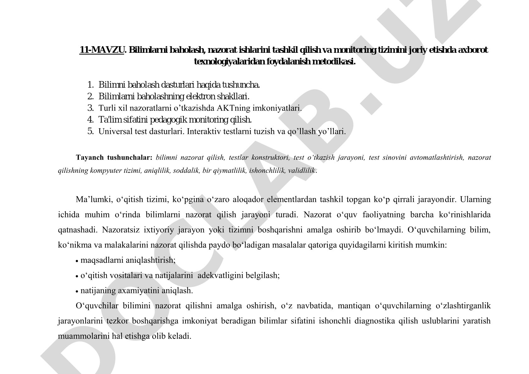 Bilimlarni baholash, nazorat ishlarini tashkil qilish va monitoring tizimini joriy etishda axborot texnologiyalaridan foydalanish metodikasi