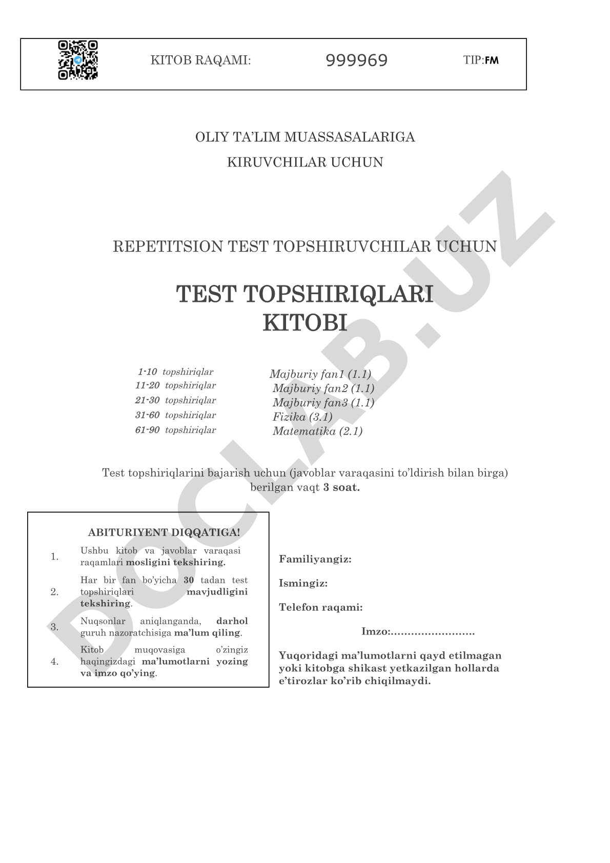 Oliy ta'lim muassasalariga kiruvchilar uchun repetitsion test topshiriqlari