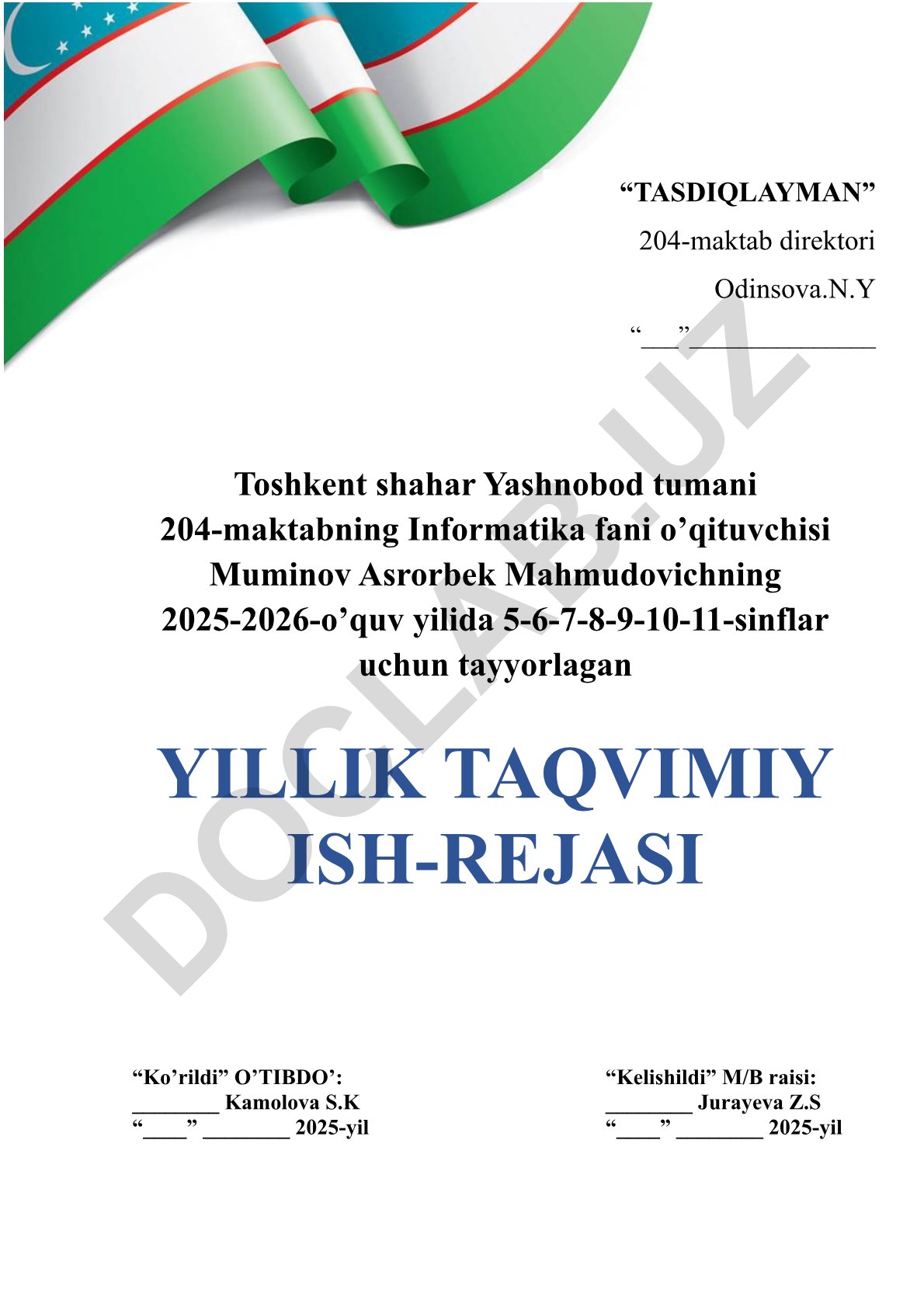 Informatika fani 2025-2026 o'quv yili yillik taqvimiy ish-rejasi