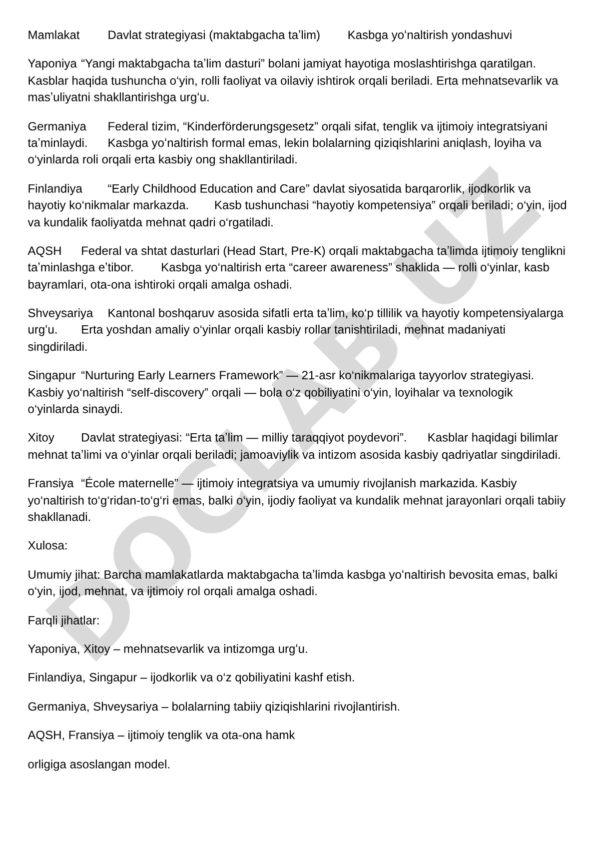 Mamlakat Davlat strategiyasi (maktabgacha taʼlim) Kasbga yoʻnaltirish yondashuvi