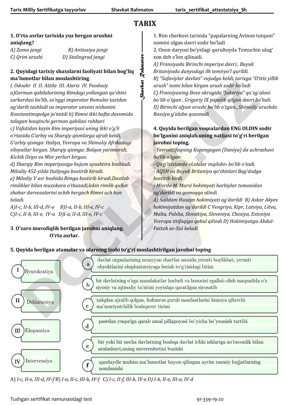 Tarix fanidan milliy sertifikat test savollari