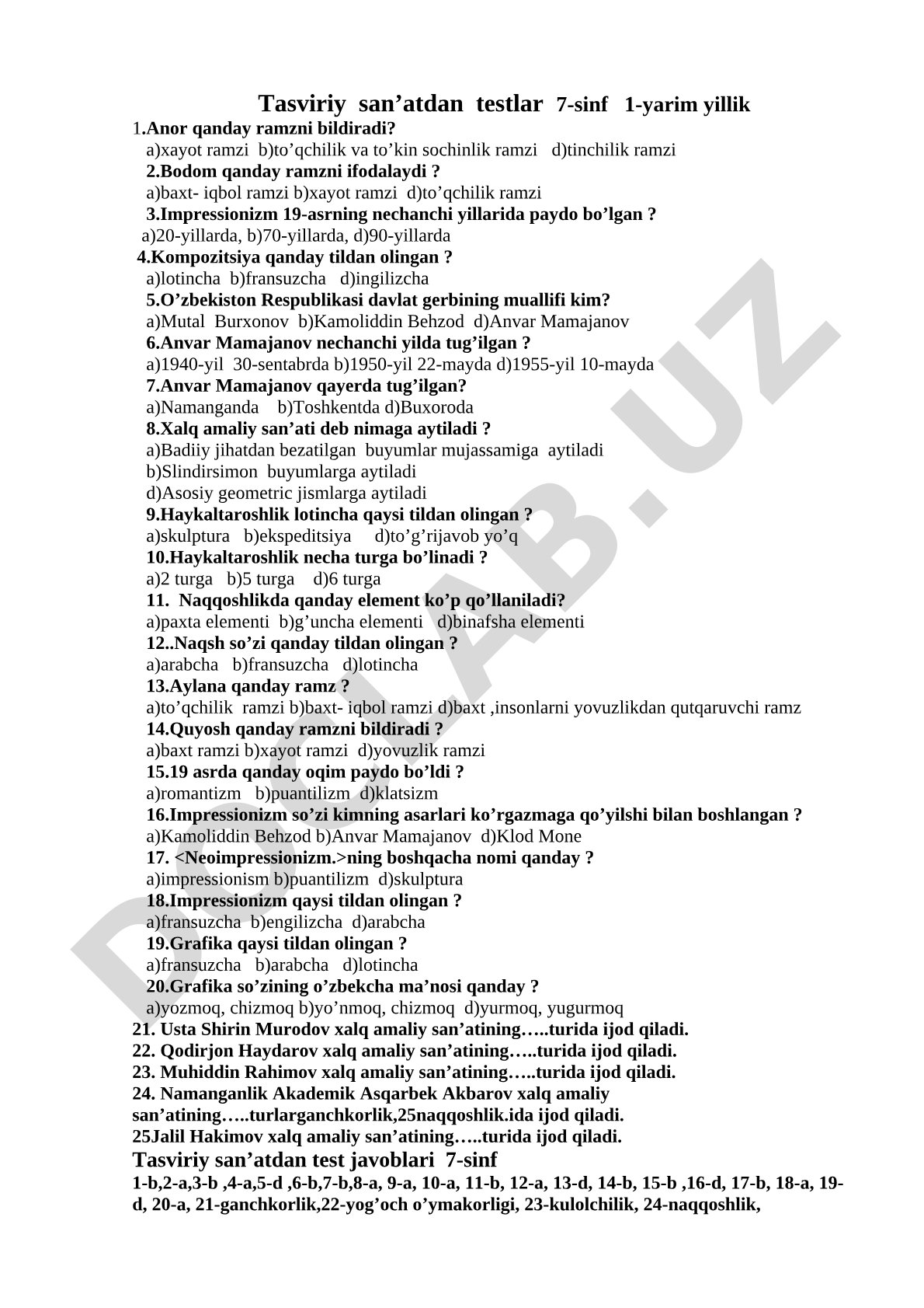 Tasviriy san’atdan testlar 7-sinf 1-yarim yillik