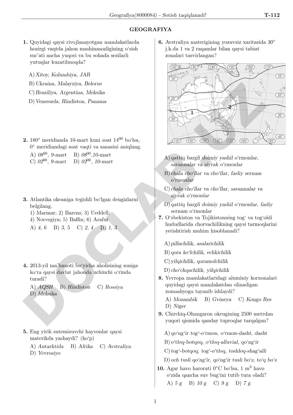 Geografiya fanidan test savollari