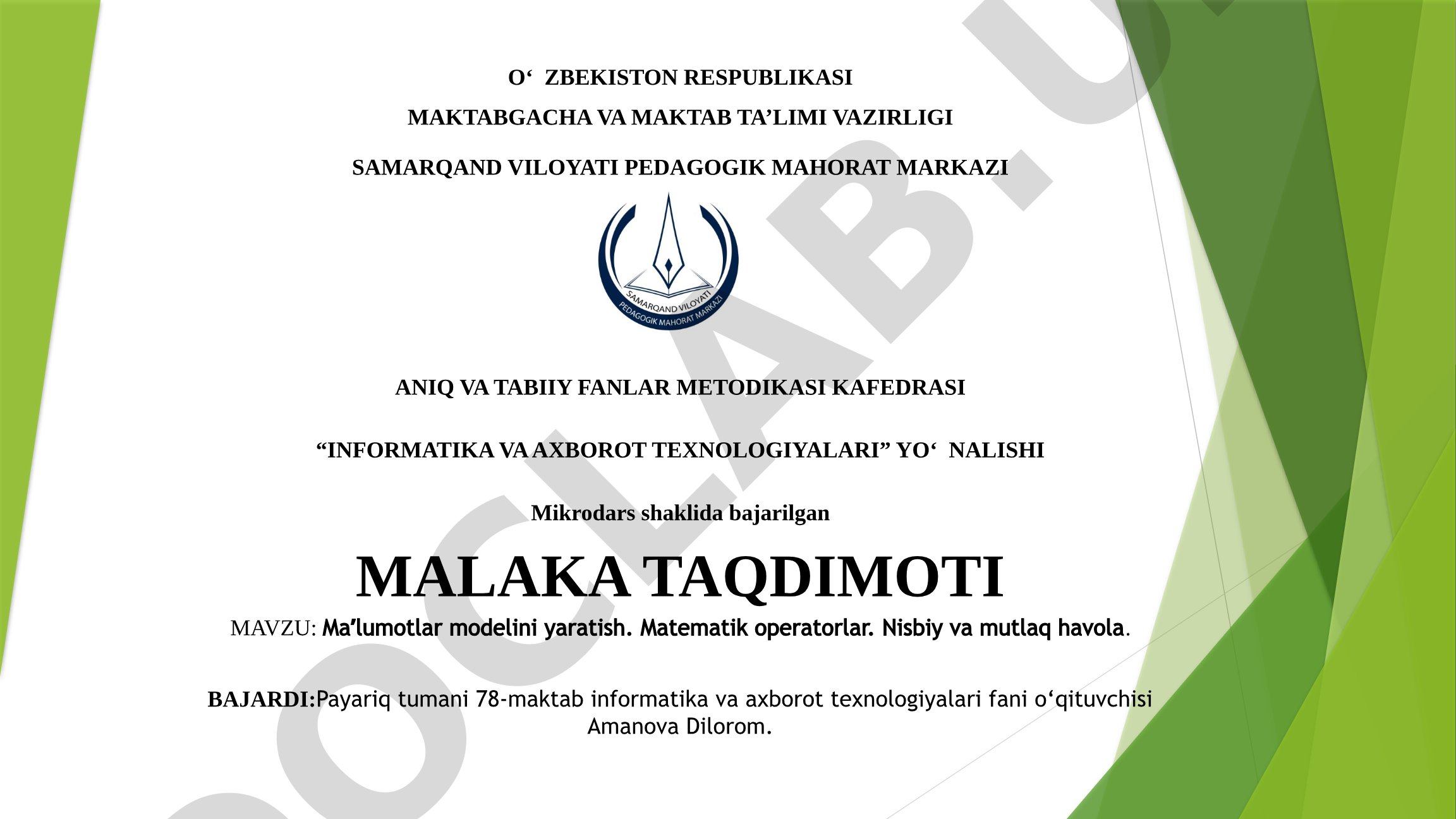 Maʼlumotlar modelini yaratish. Matematik operatorlar. Nisbiy va mutlaq havola.