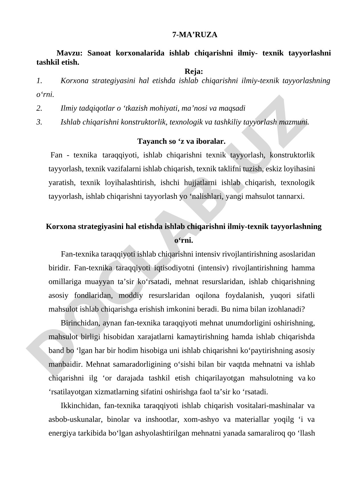 Sanoat korxonalarida ishlab chiqarishni ilmiy-texnik tayyorlashni tashkil etish