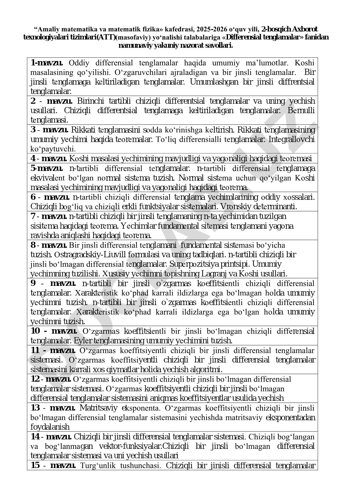 Differensial tenglamalar fanidan namunaviy yakuniy nazorat savollari