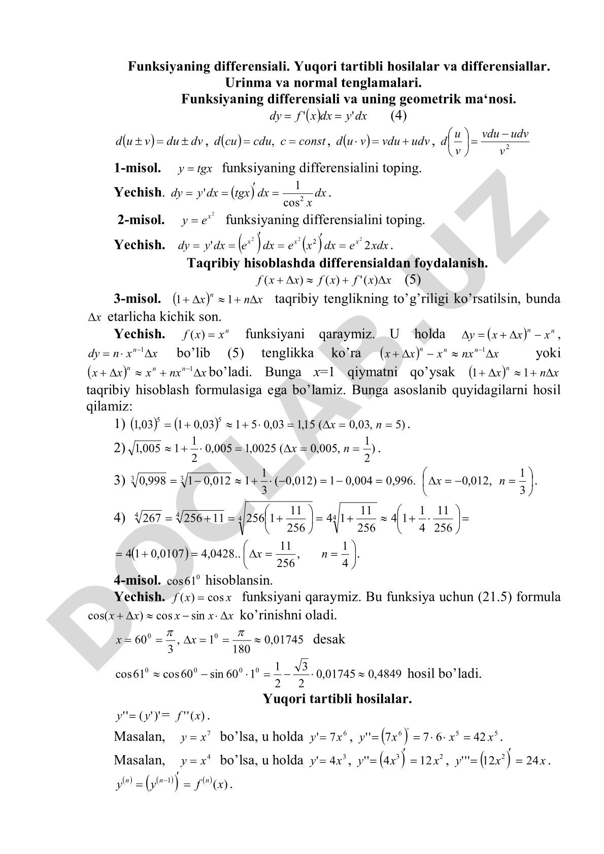 Funksiyaning differensiali va yuqori tartibli hosilalar
