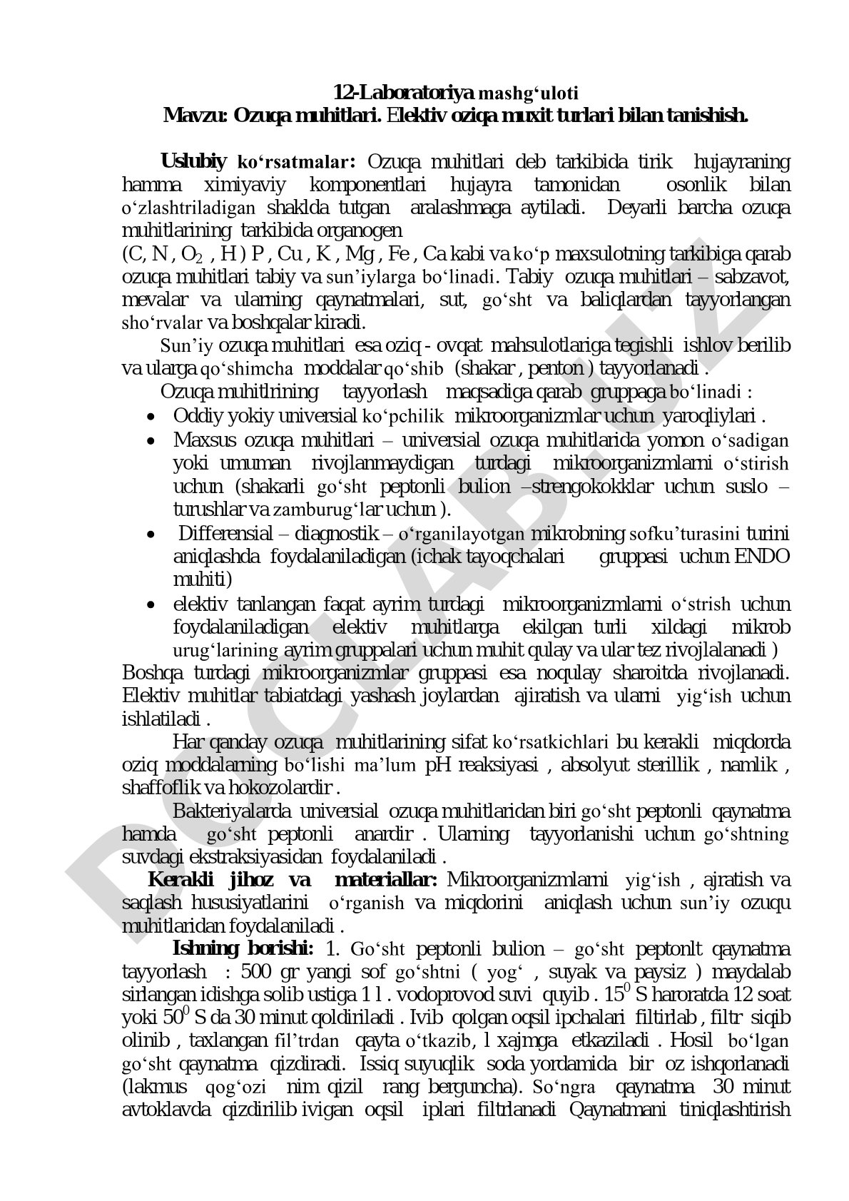 Ozuqa muhitlari. Elektiv oziqa muxit turlari bilan tanishish