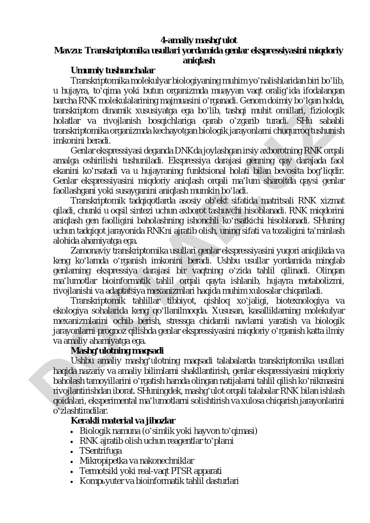 Transkriptomika usullari yordamida genlar ekspressiyasini miqdoriy aniqlash