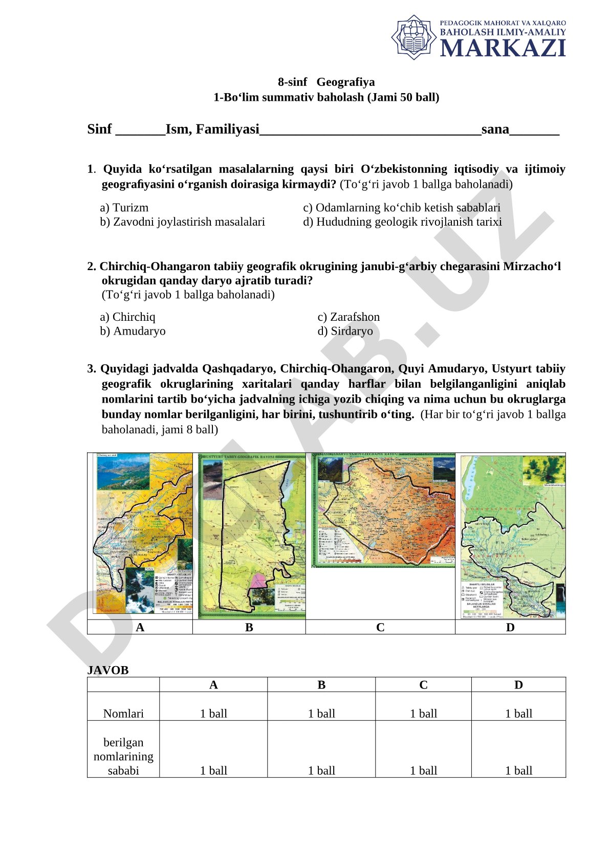 8-sinf Geografiya 1-Bo‘lim summativ baholash