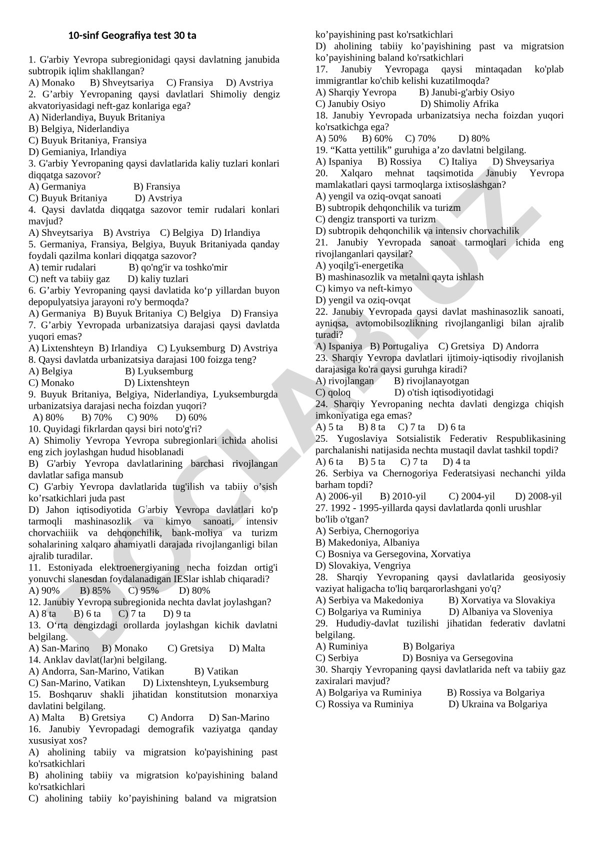 G'arbiy Yevropa geografiyasi bo'yicha 10-sinf testi