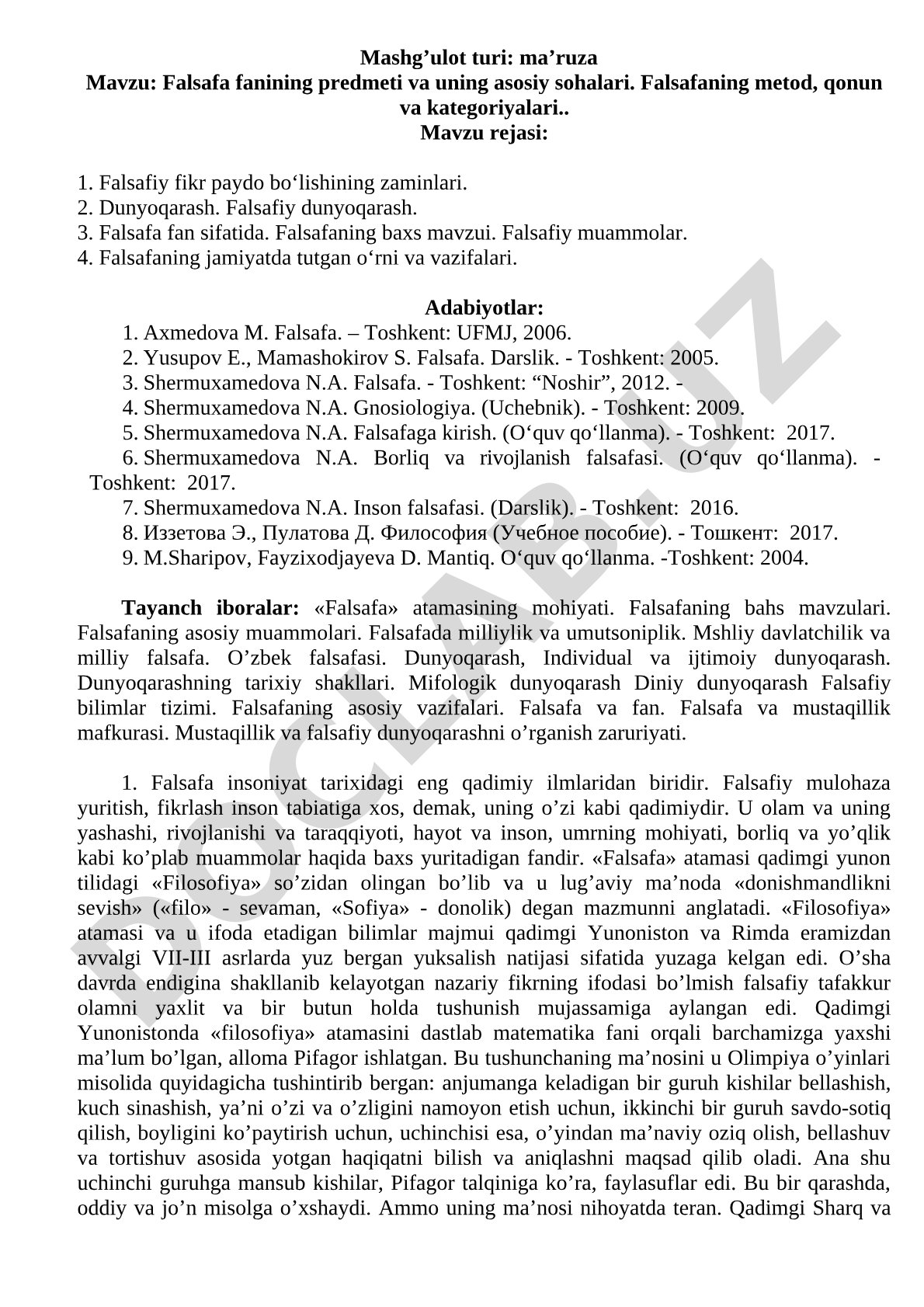 Falsafa fanining predmeti va uning asosiy sohalari. Falsafaning metod, qonun va kategoriyalari