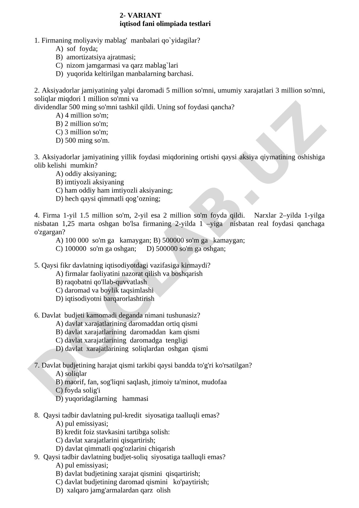 2- VARIANT iqtisod fani olimpiada testlari