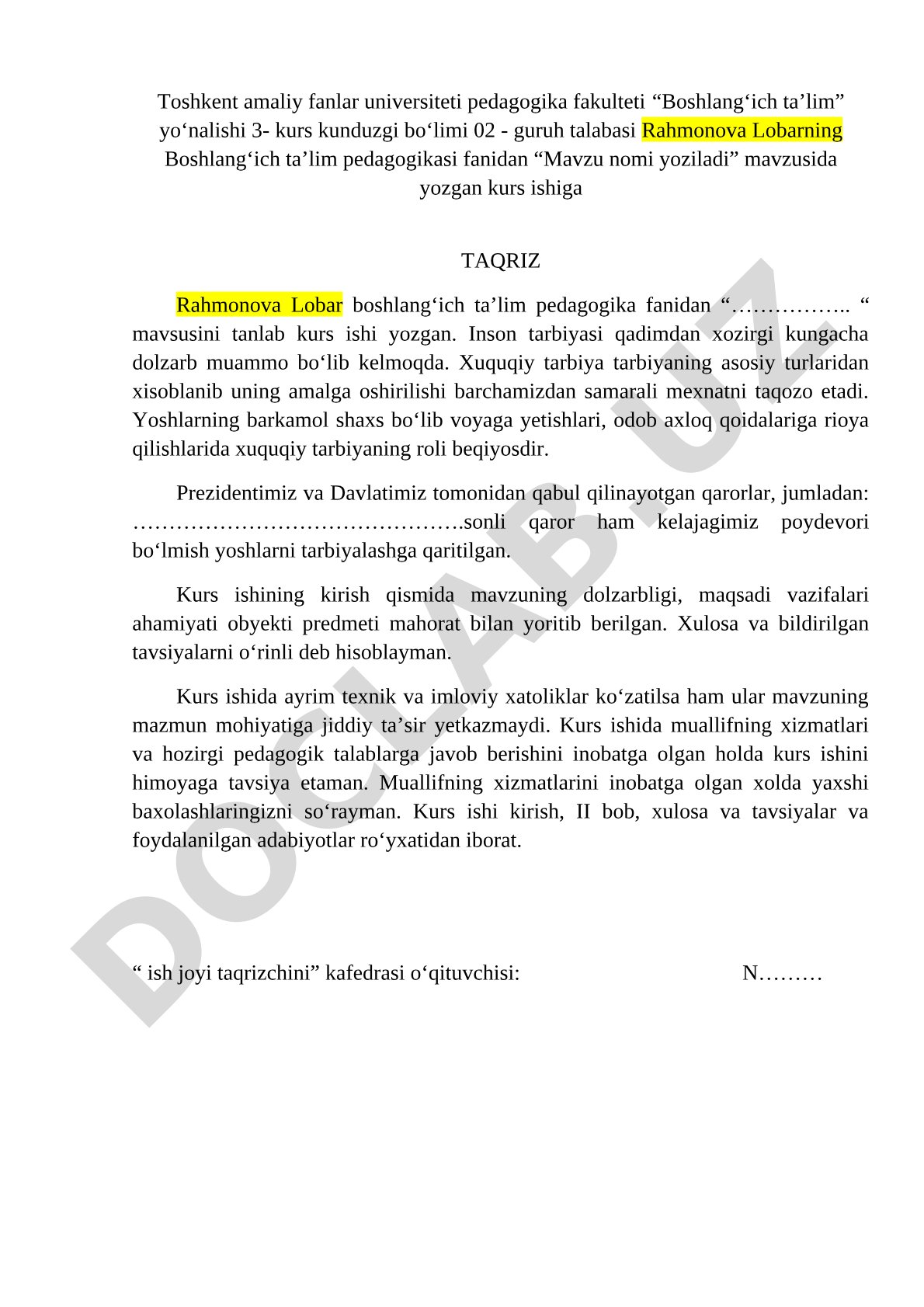 Boshlang'ich ta'lim pedagogikasi fanidan taqriz