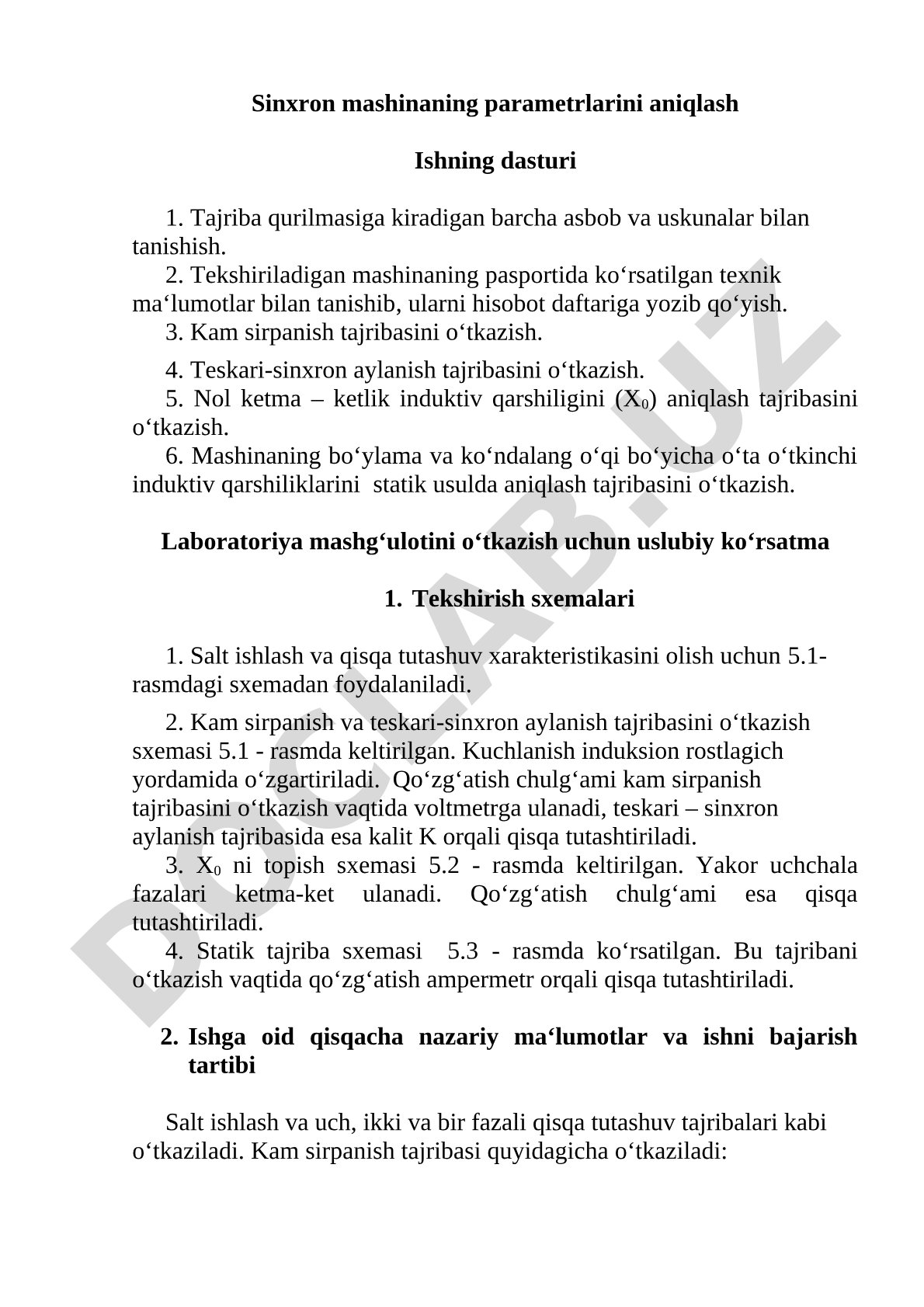 Sinxron mashinaning parametrlarini aniqlash