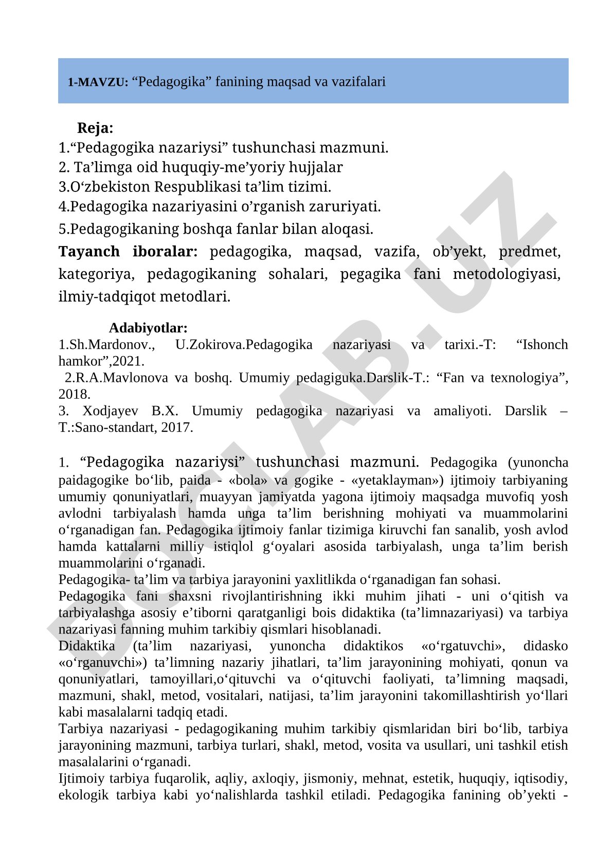 «Pedagogika» fanining maqsad va vazifalari