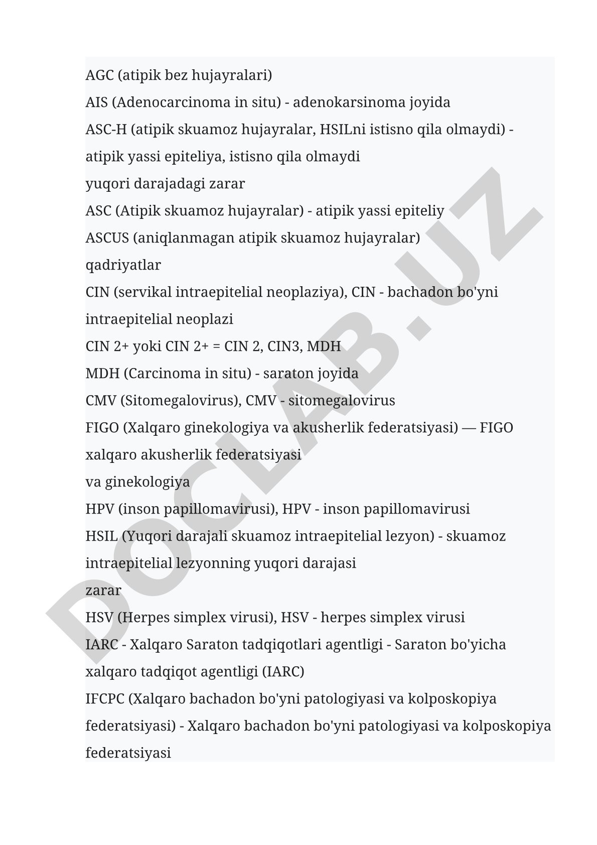 Bachadon bo'yni patologiyasi tibbiy qisqartmalari