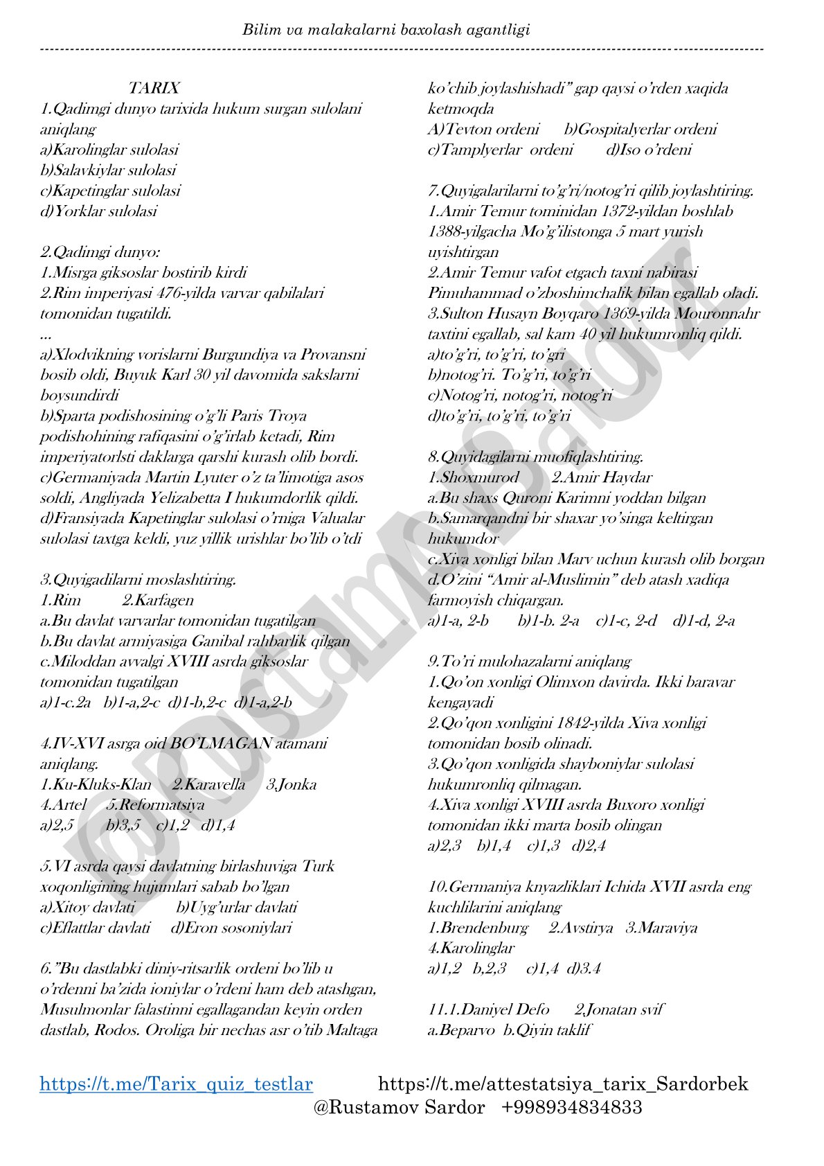 Qadimgi dunyo tarixi bo'yicha test savollari