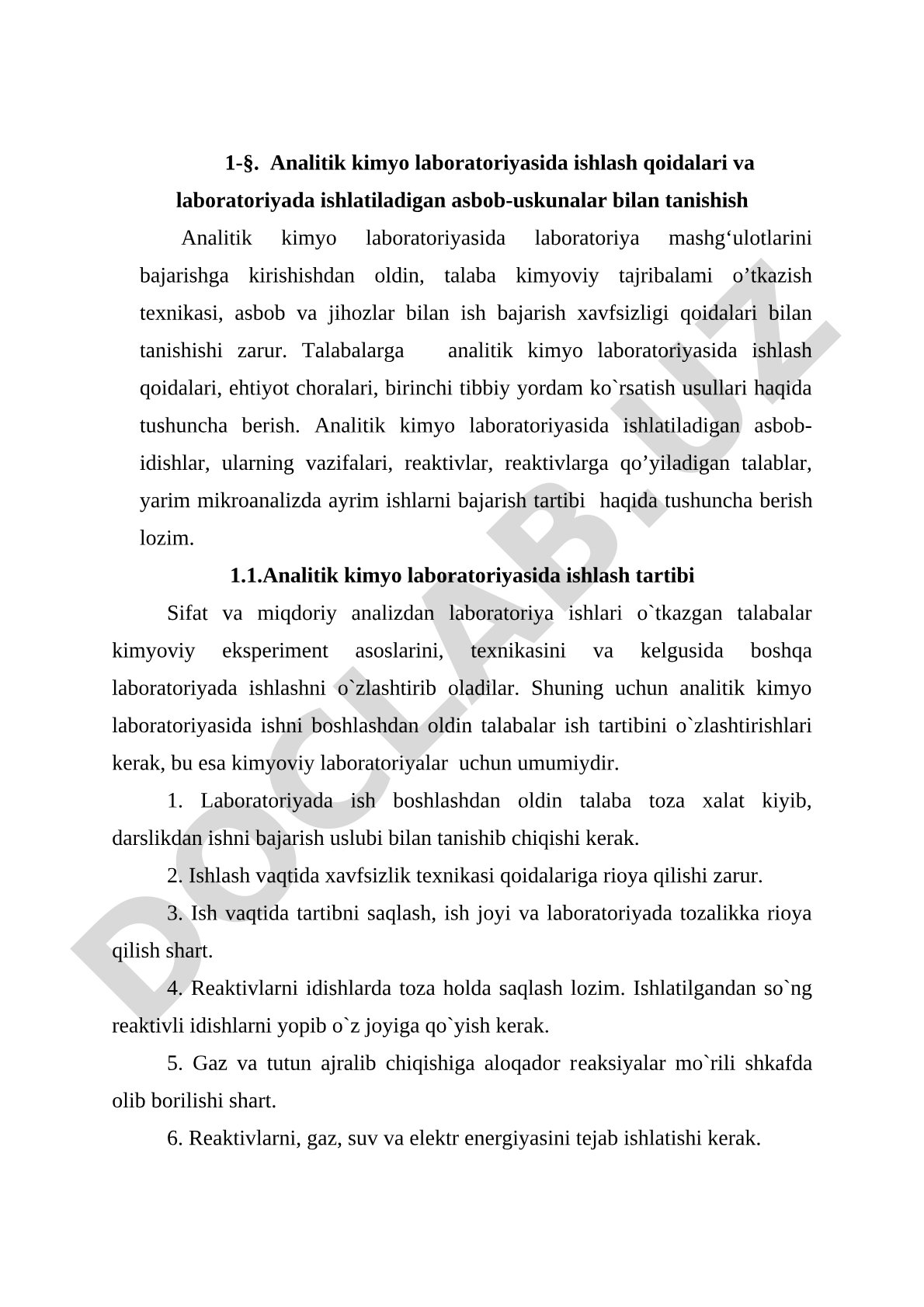 Analitik kimyo laboratoriyasida ishlash qoidalari va asbob-uskunalar bilan tanishish