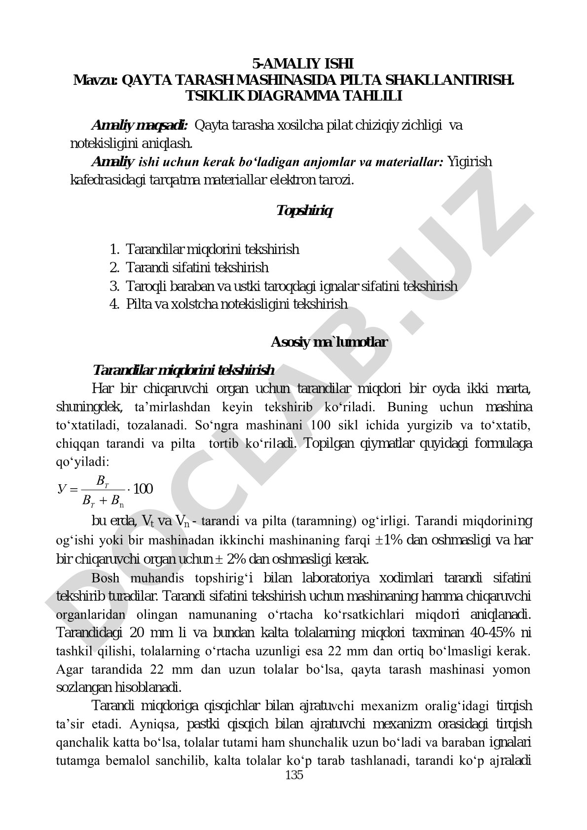 Qayta tarash mashinasida pilta shakllantirish. Tsiklik diagramma tahlili