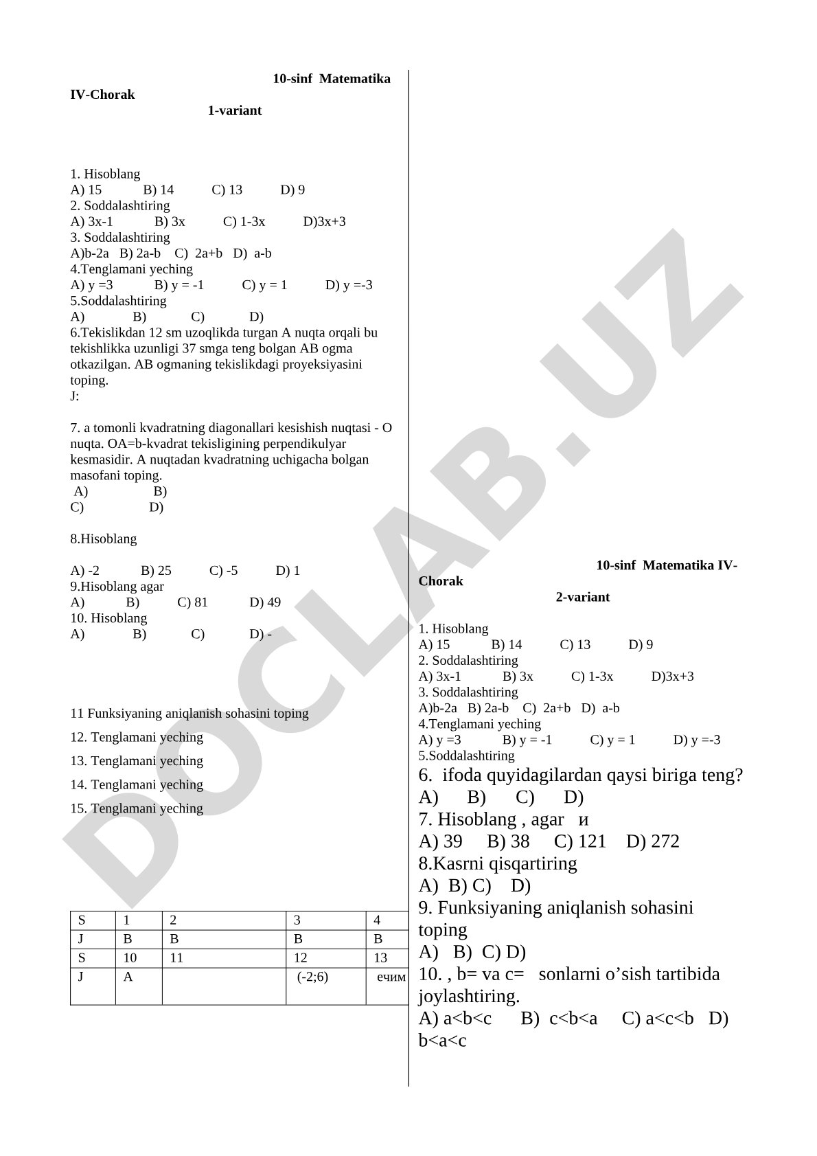 10-sinf Matematika IV-Chorak 1-variant