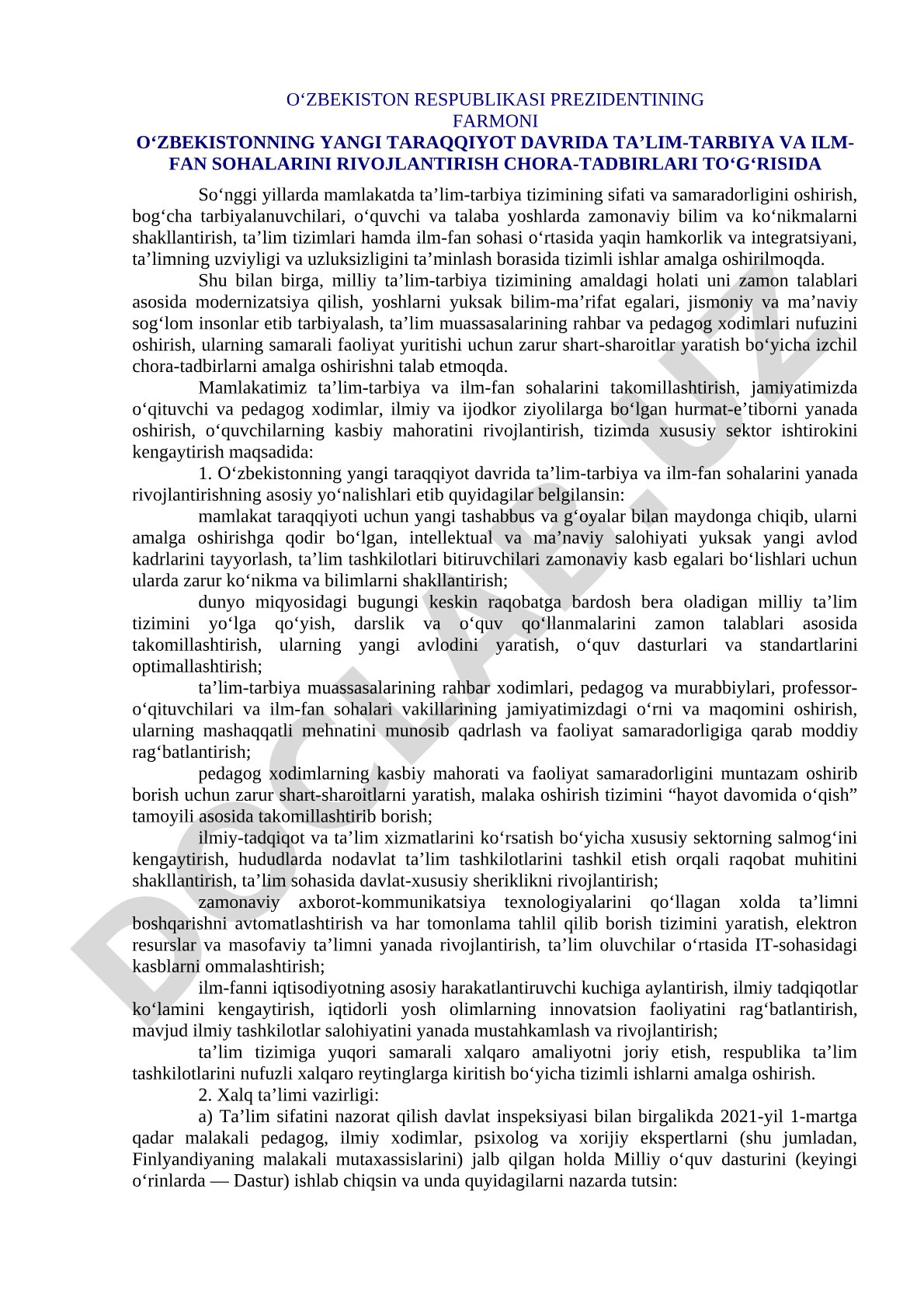 O‘zbekistonning yangi taraqqiyot davrida ta’lim-tarbiya va ilm-fan sohalarini rivojlantirish chora-tadbirlari to‘g‘risida