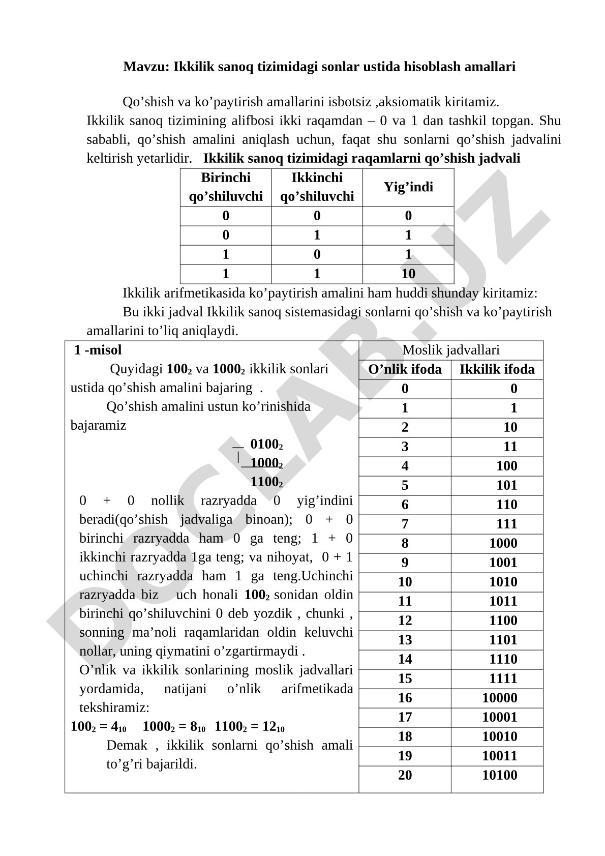 Ikkilik sanoq tizimidagi sonlar ustida hisoblash amallari