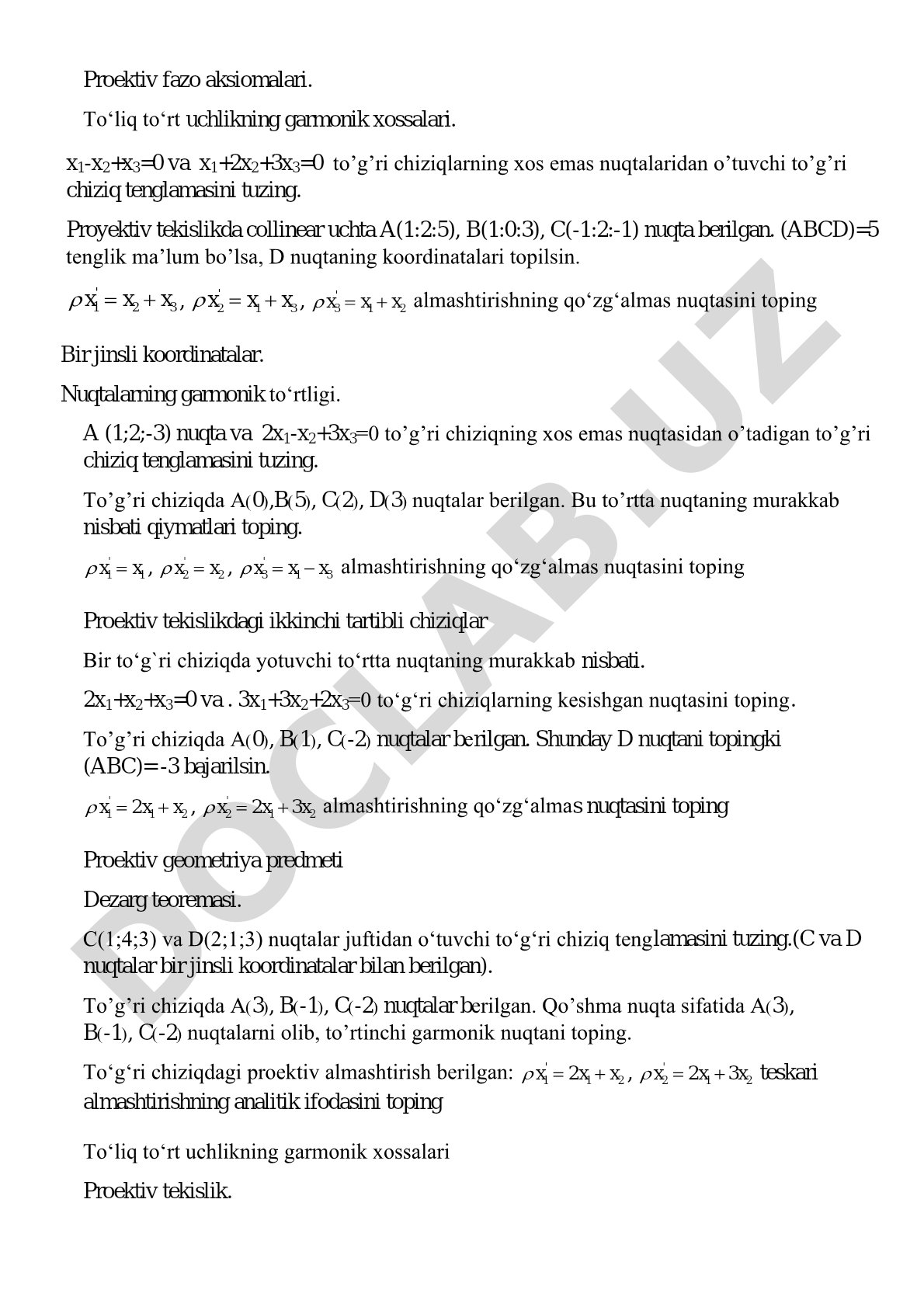 Proektiv fazo aksiomalari va garmonik xossalar