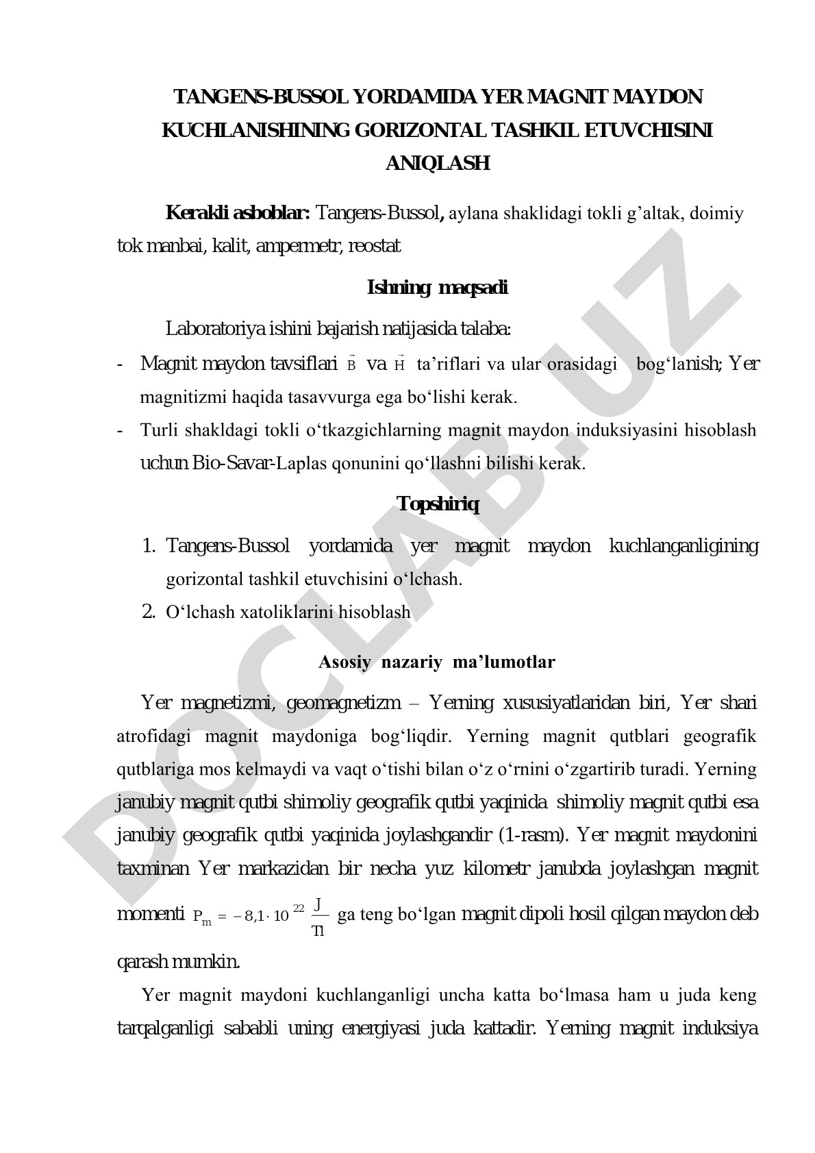 Tangens-Bussol yordamida yer magnit maydon kuchlanishining gorizontal tashkil etuvchisini aniqlash