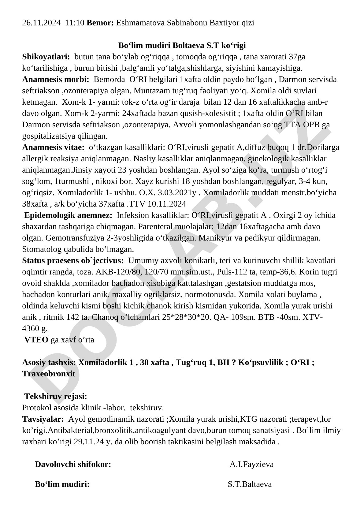 O'tkir respirator infeksiya bilan homilador bemorning klinik ko'rigi