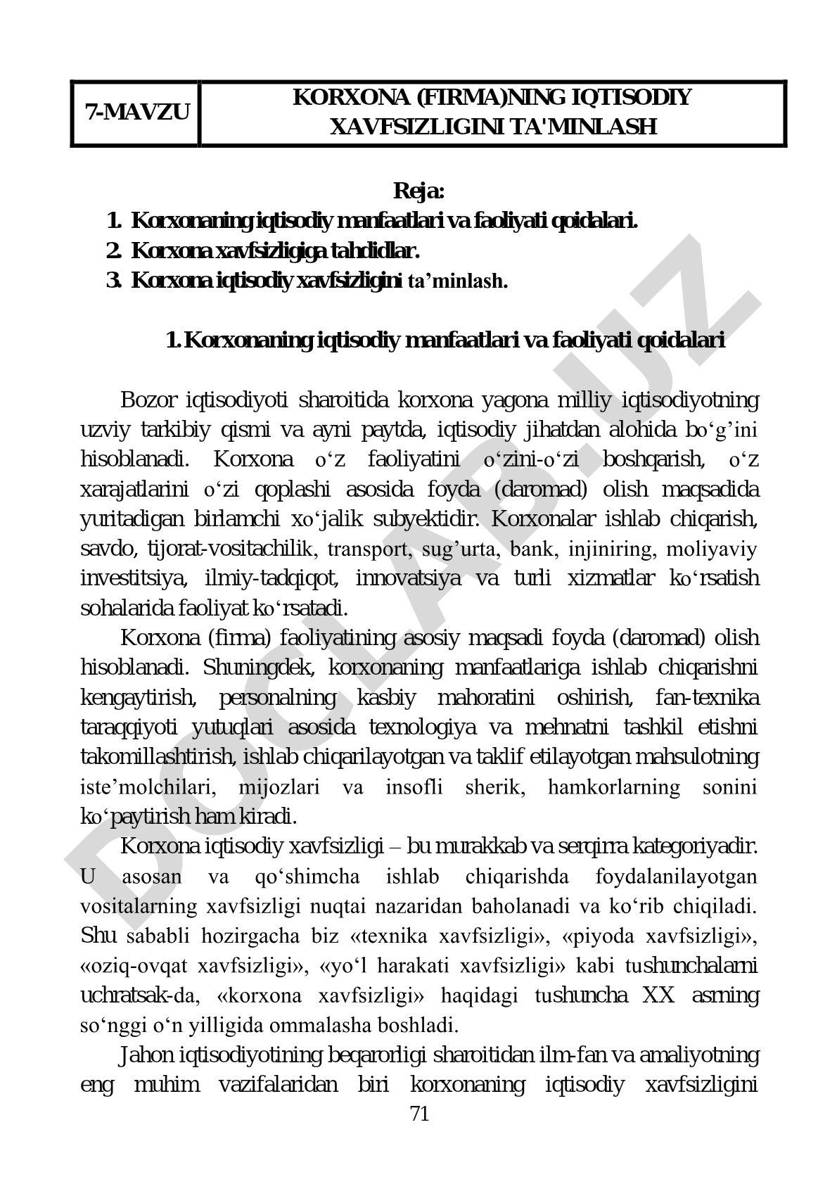 Korxona (firma)ning iqtisodiy xavfsizligini ta'minlash