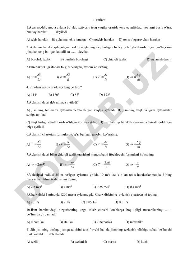 Aylanma harakat va burchak tezligi test savollari