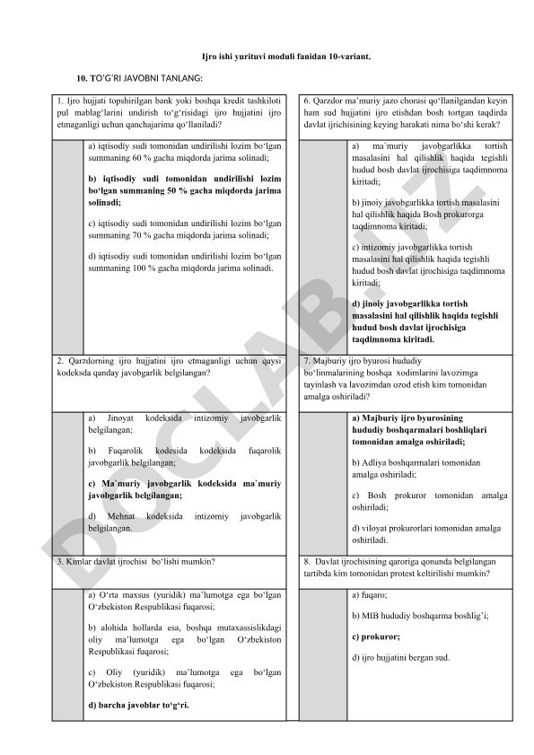 Ijro ishi yurituvi moduli fanidan 10-variant test savollari