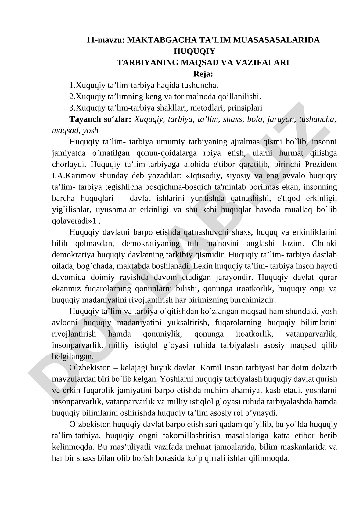 Maktabgacha ta'lim muassasalarida huquqiy tarbiyaning maqsad va vazifalari