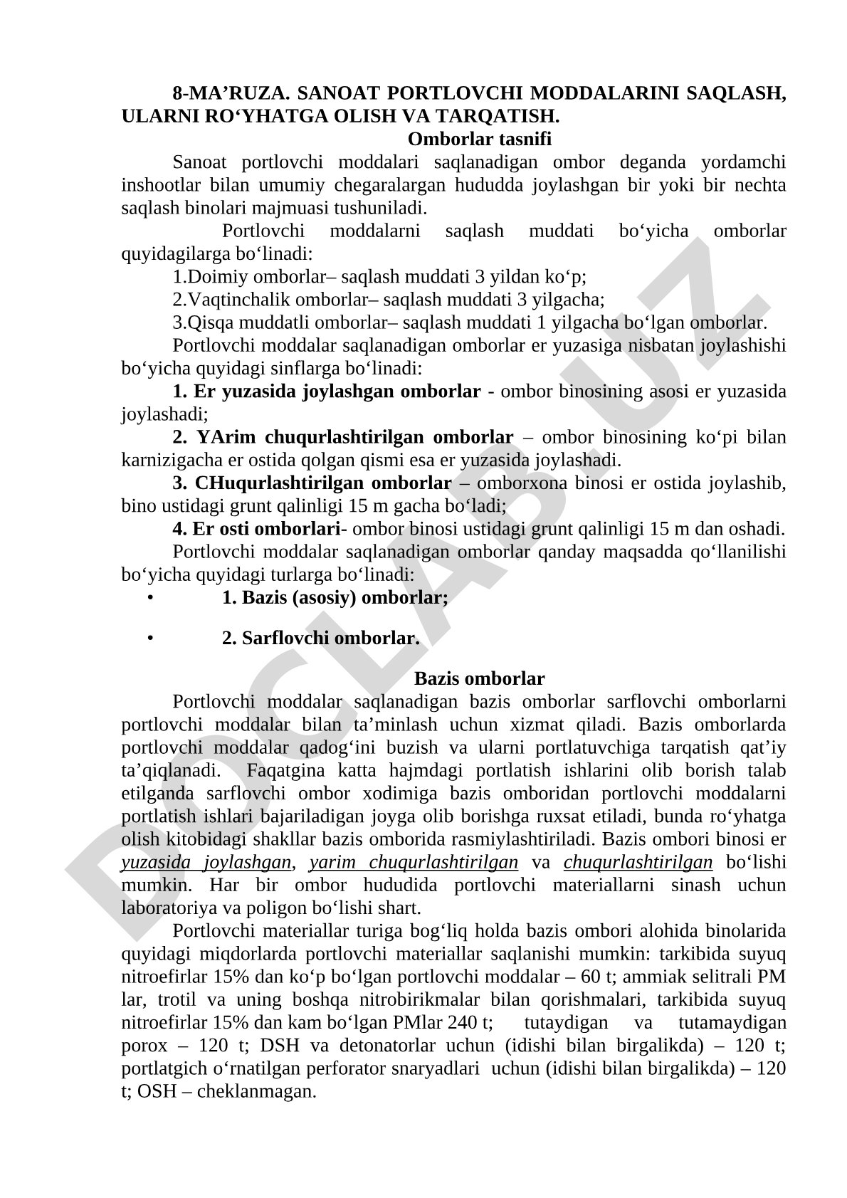 Sanoat portlovchi moddalarini saqlash, ularni ro‘yhatga olish va tarqatish