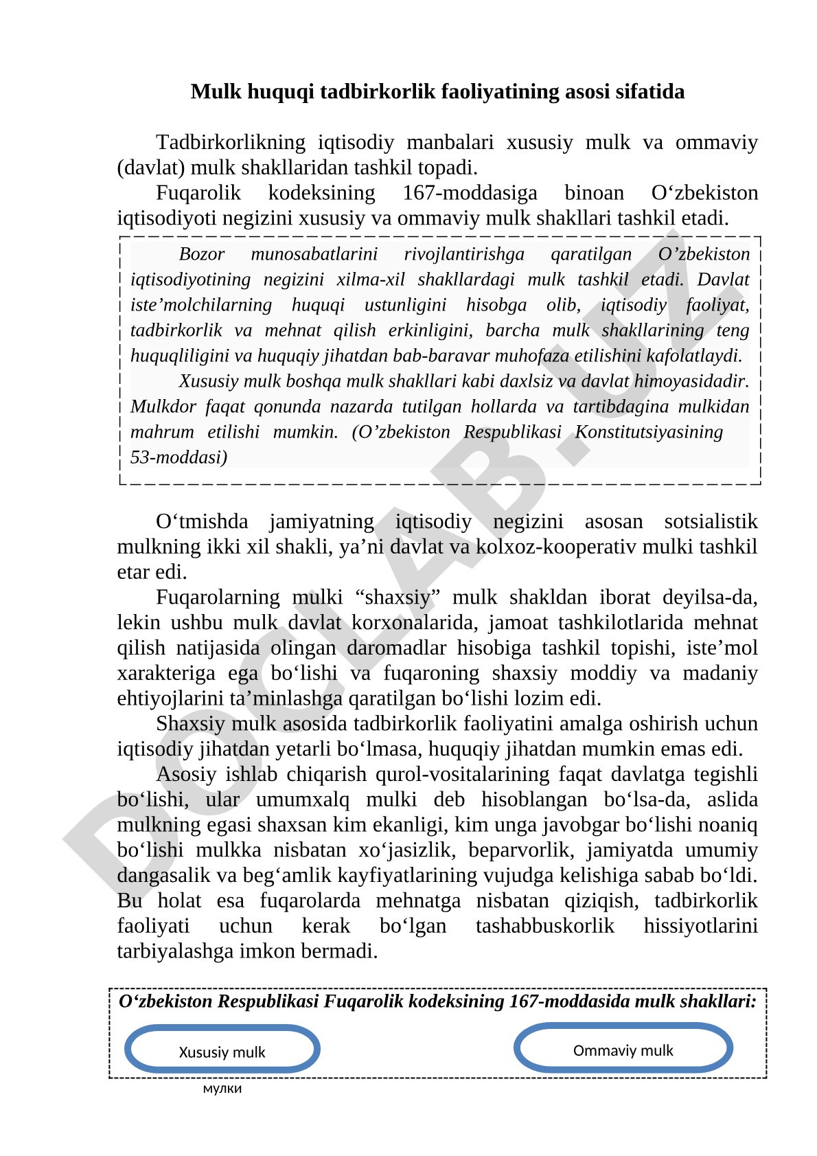 Mulk huquqi tadbirkorlik faoliyatining asosi sifatida