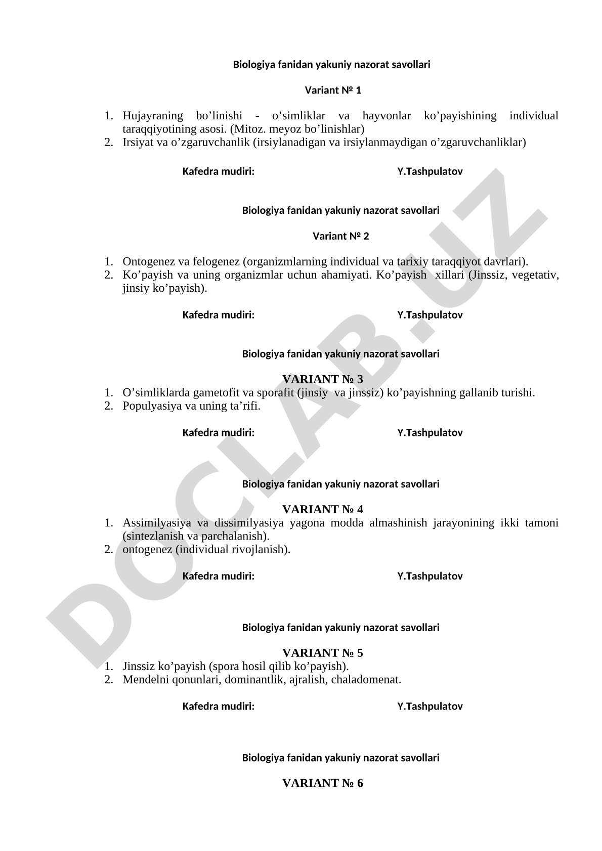 Biologiya fanidan yakuniy nazorat savollari