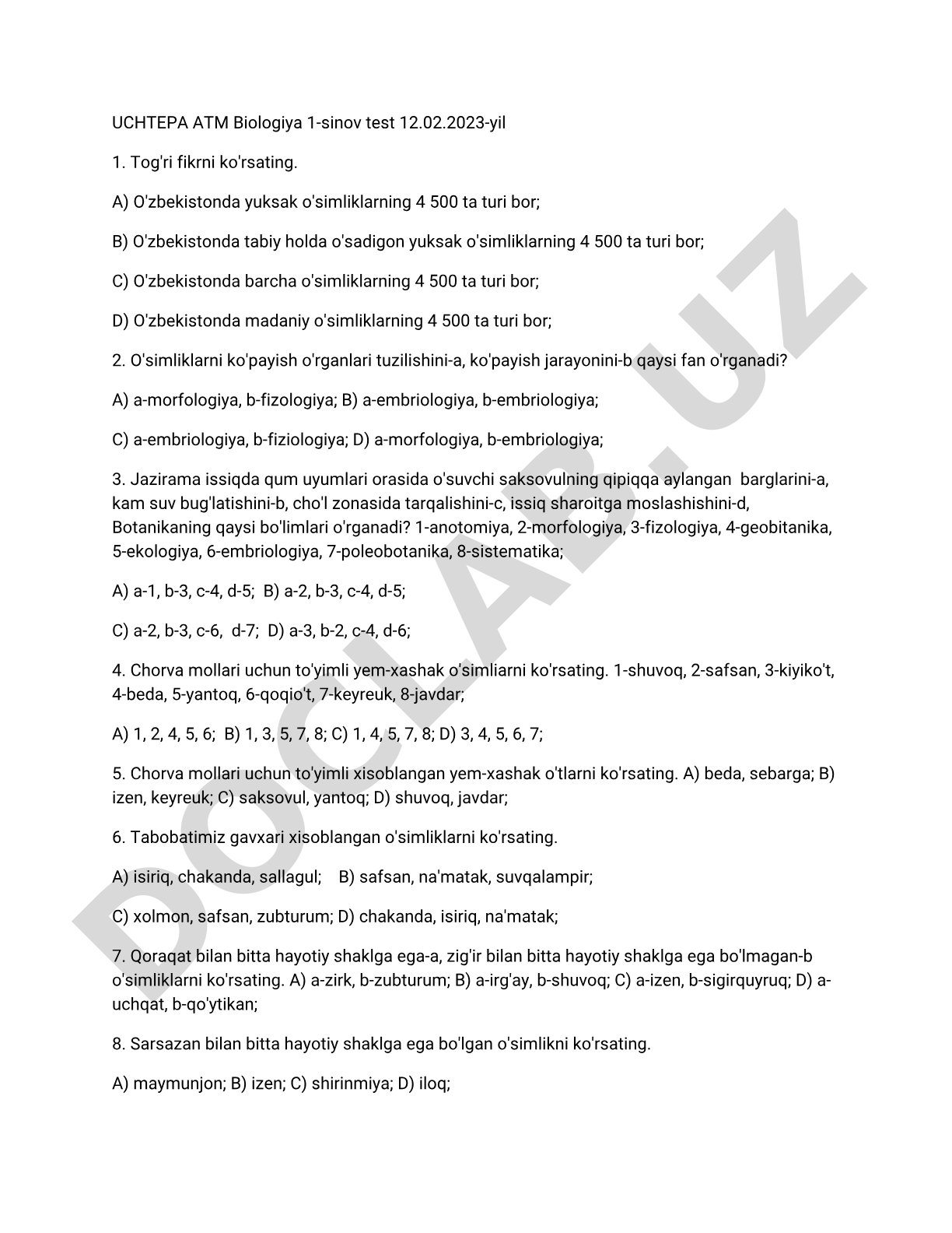 Biologiya 1-sinov testi