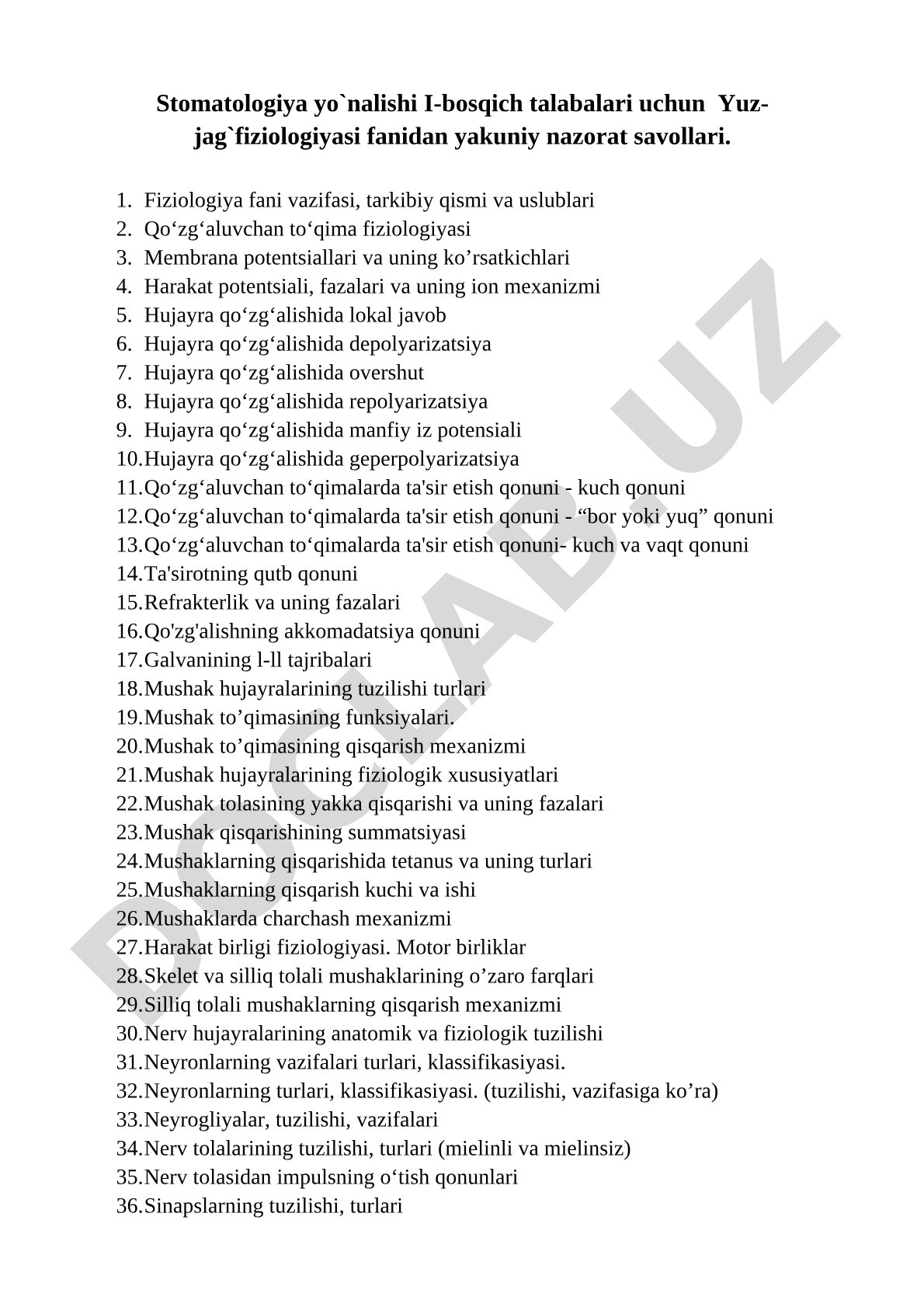 Yuz-jag' fiziologiyasi fanidan yakuniy nazorat savollari