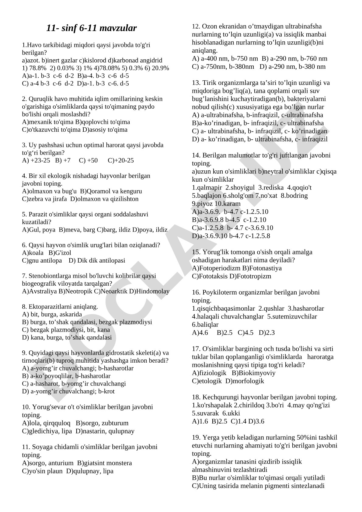 11-sinf biologiya 6-11 mavzular bo'yicha test savollari