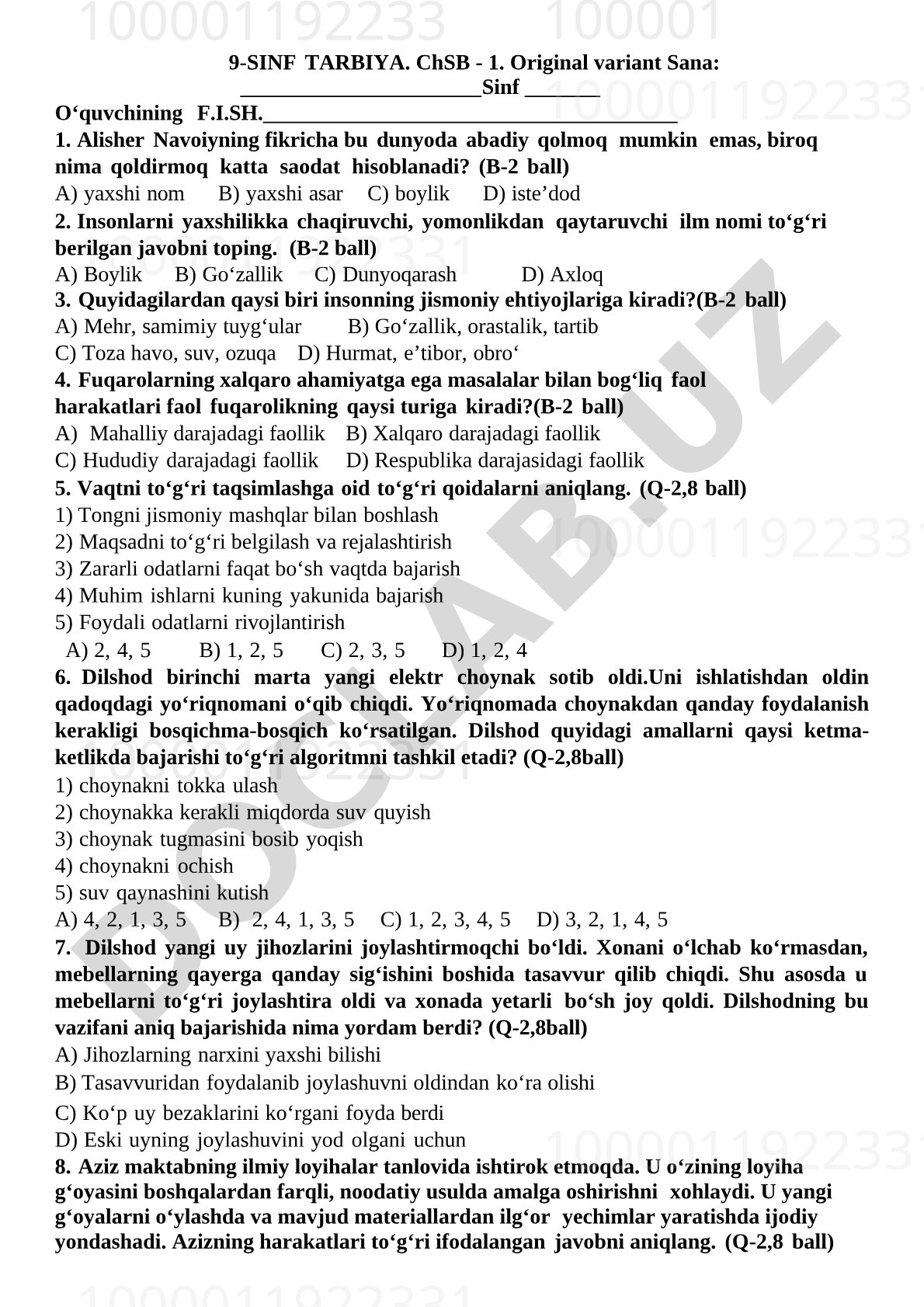 9-sinf Tarbiya ChSB-1 test savollari