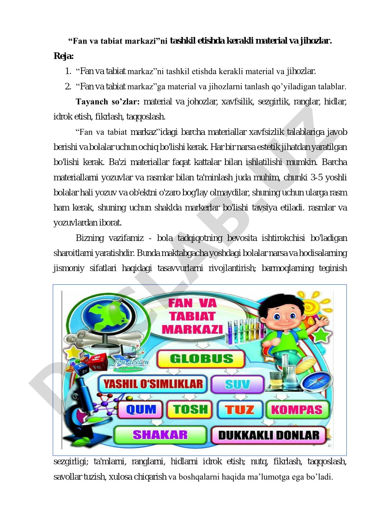 Fan va tabiat markazini tashkil etishda kerakli material va jihozlar