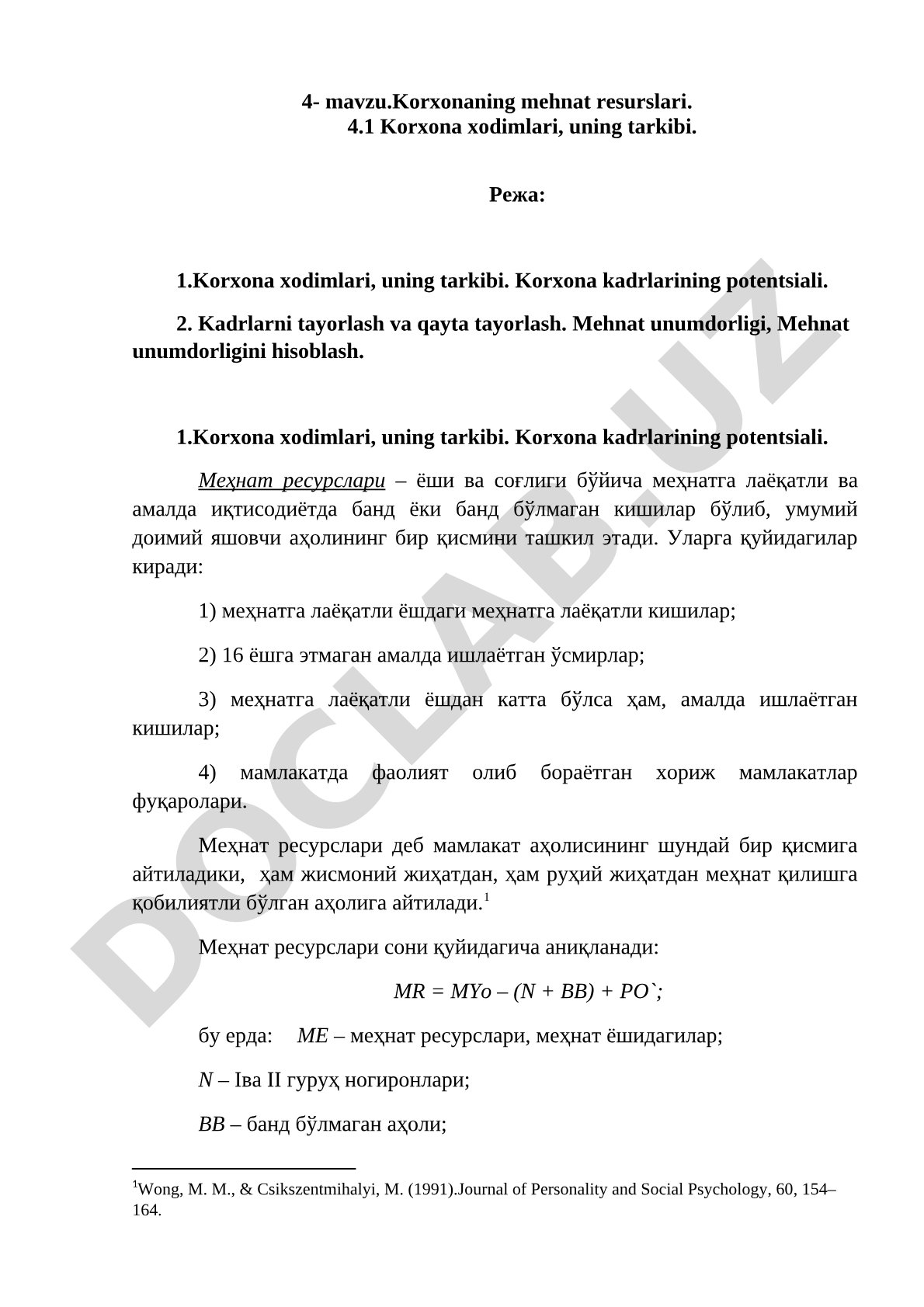 Korxona mehnat resurslari, xodimlar tarkibi, mehnat unumdorligi haqida